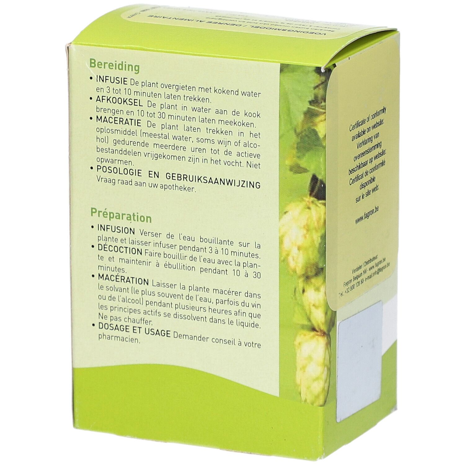 Grüne Schachtel, Rückseite mit Text in Niederländisch und Französisch. Enthält Anweisungen zur Zubereitung.