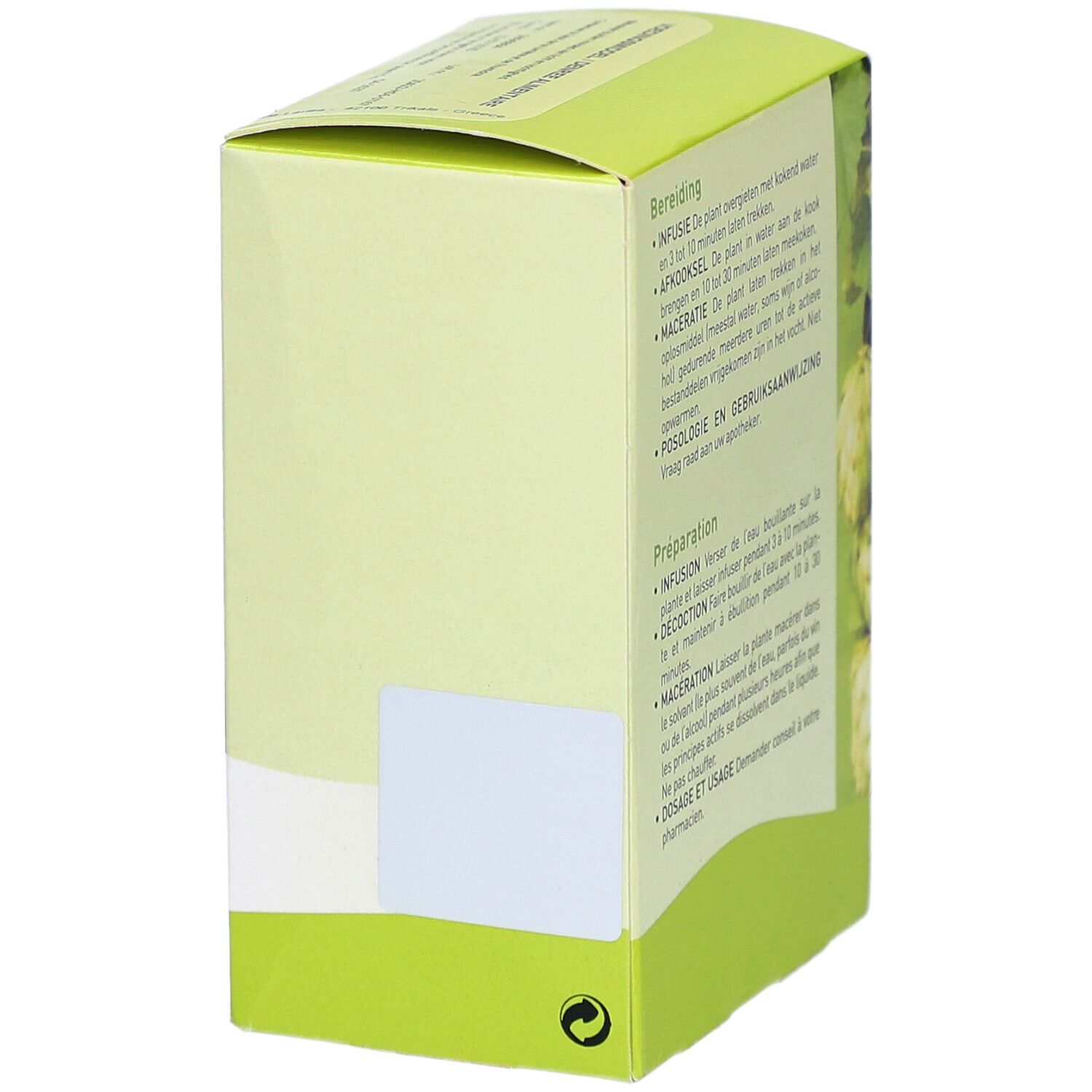Grüne Schachtel, Rückseite mit Text in Niederländisch und Französisch. Enthält Anweisungen zur Zubereitung.