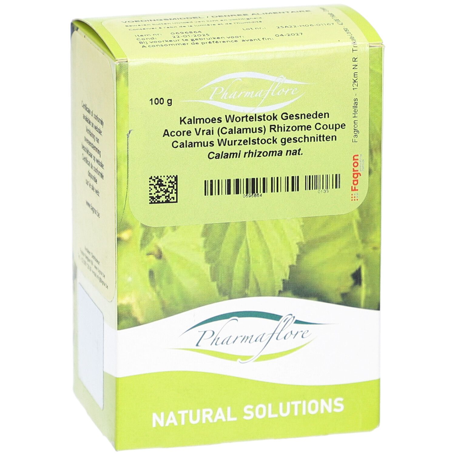 Grüne Schachtel mit Produktnamen und Inhaltsangaben. Marke Pharmaflore. Aufschrift: Natural Solutions. 100g.
