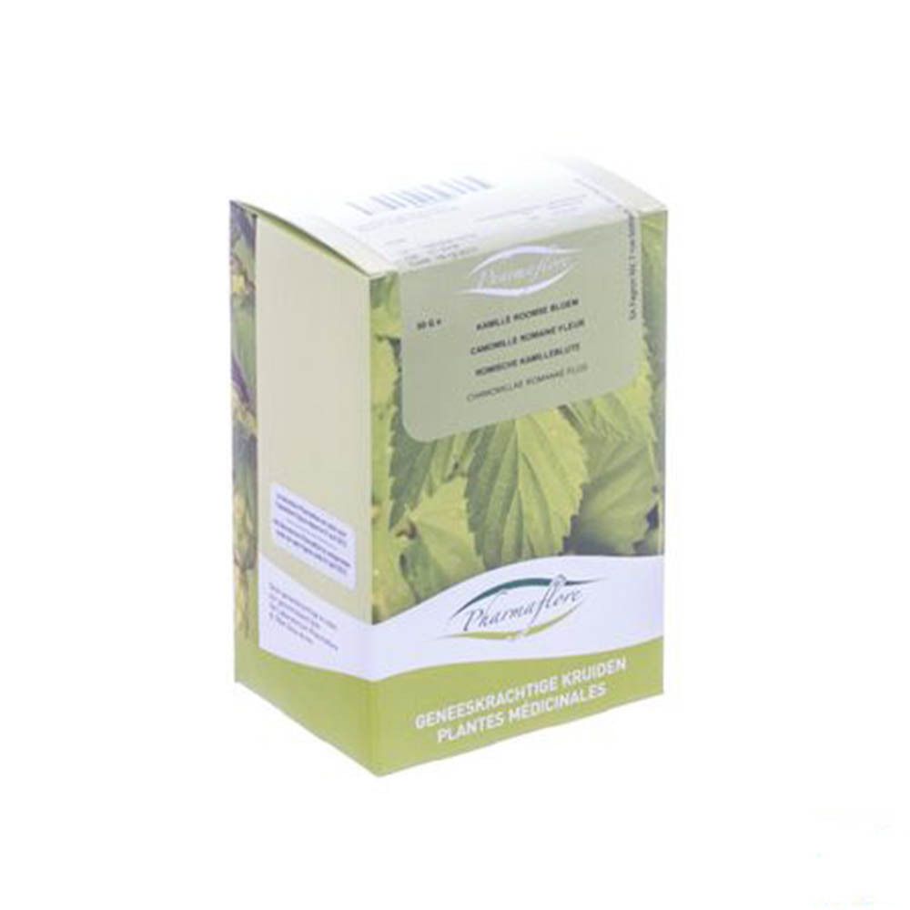 Boîte Pharmaflore Fleur de Camomille Romaine. Vert et blanc, avec nom du produit et logo.