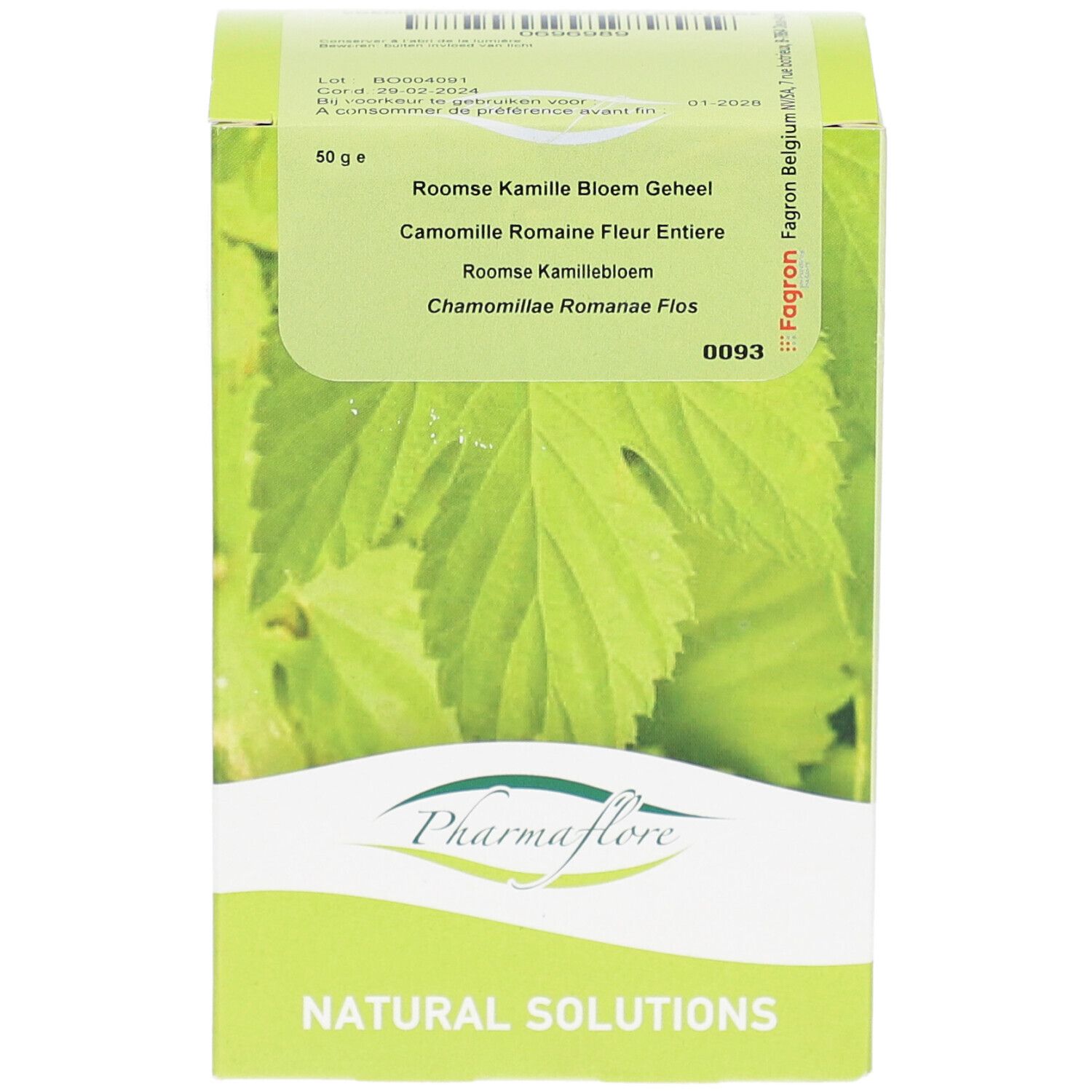 Vorderansicht der Pharmaflore Fleur de Camomille Romaine Verpackung. Produktname, Logo und Informationen.