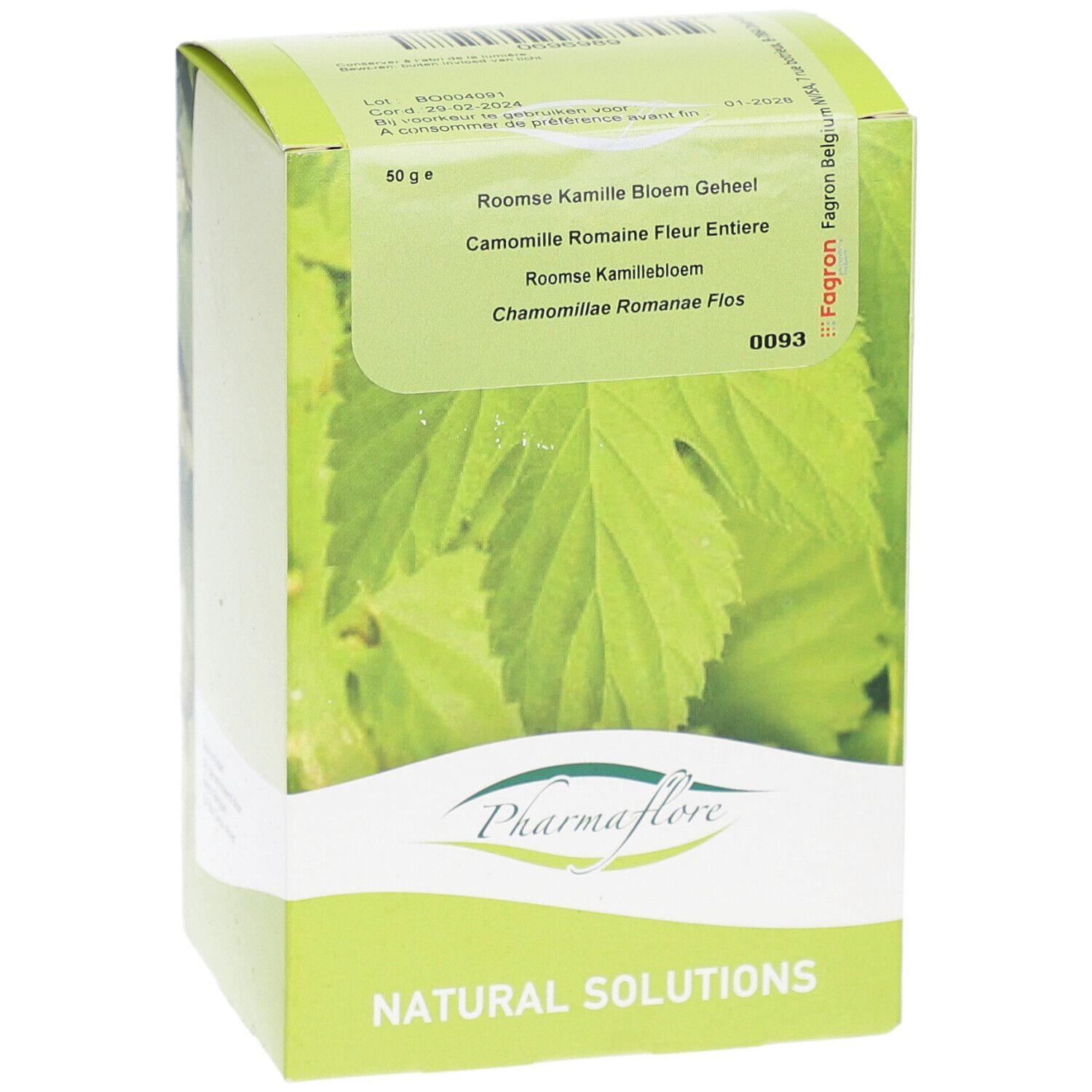 Vorderansicht der Pharmaflore Fleur de Camomille Romaine Verpackung. Produktname, Logo und Informationen.