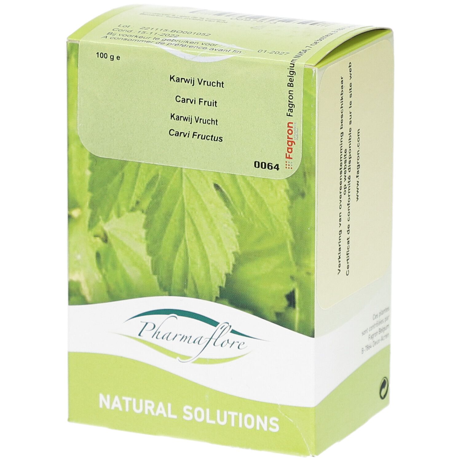 Verpackung von Pharmaflore Carvi Fruit. Grün-weiße Schachtel mit Blattmotiv. Text: Karwij Vrucht, Carvi Fruit, Natural Solutions.