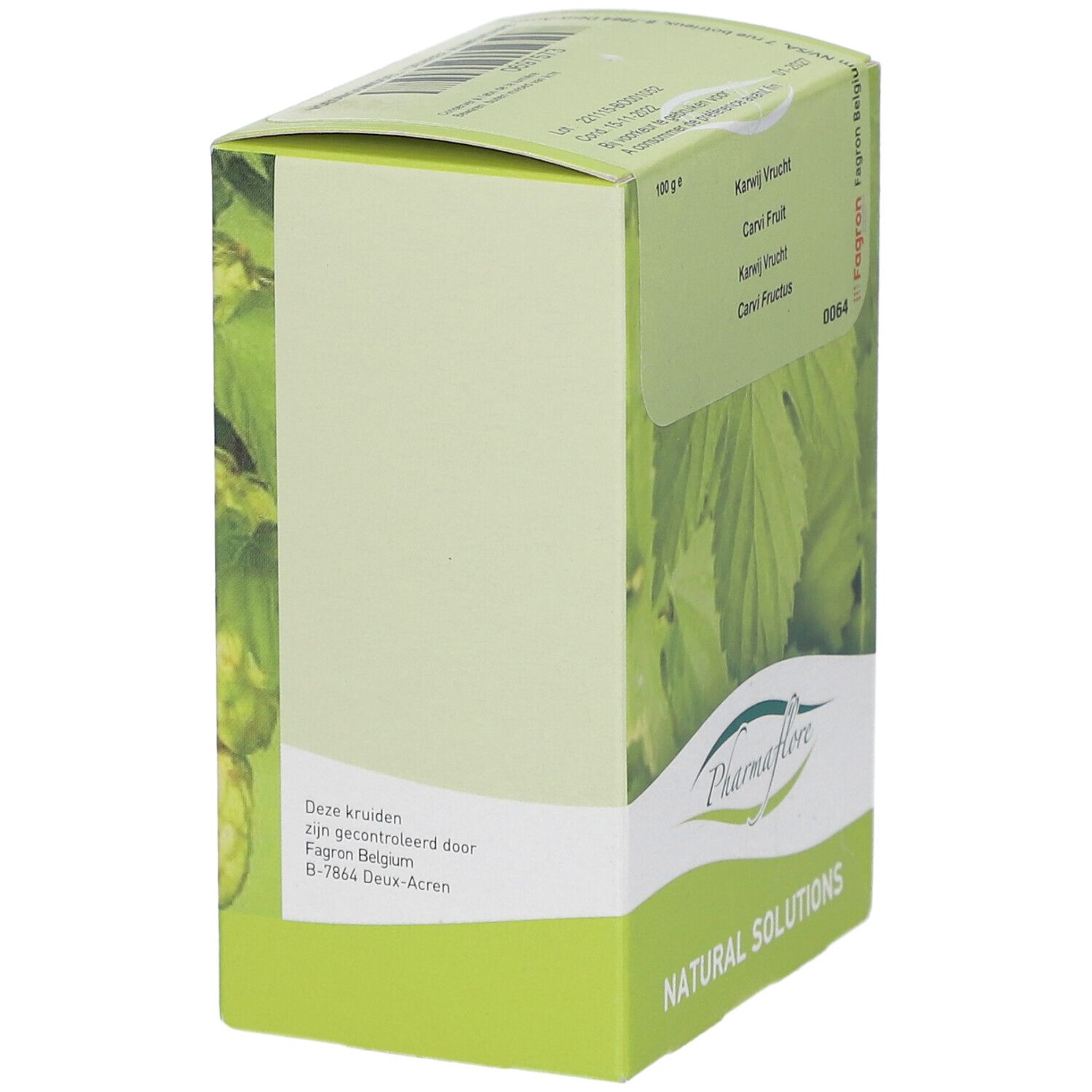 Seitenansicht der Pharmaflore Carvi Fruit Verpackung. Grün-weiße Schachtel mit Text und Blattmotiv. FAGRON-Logo.