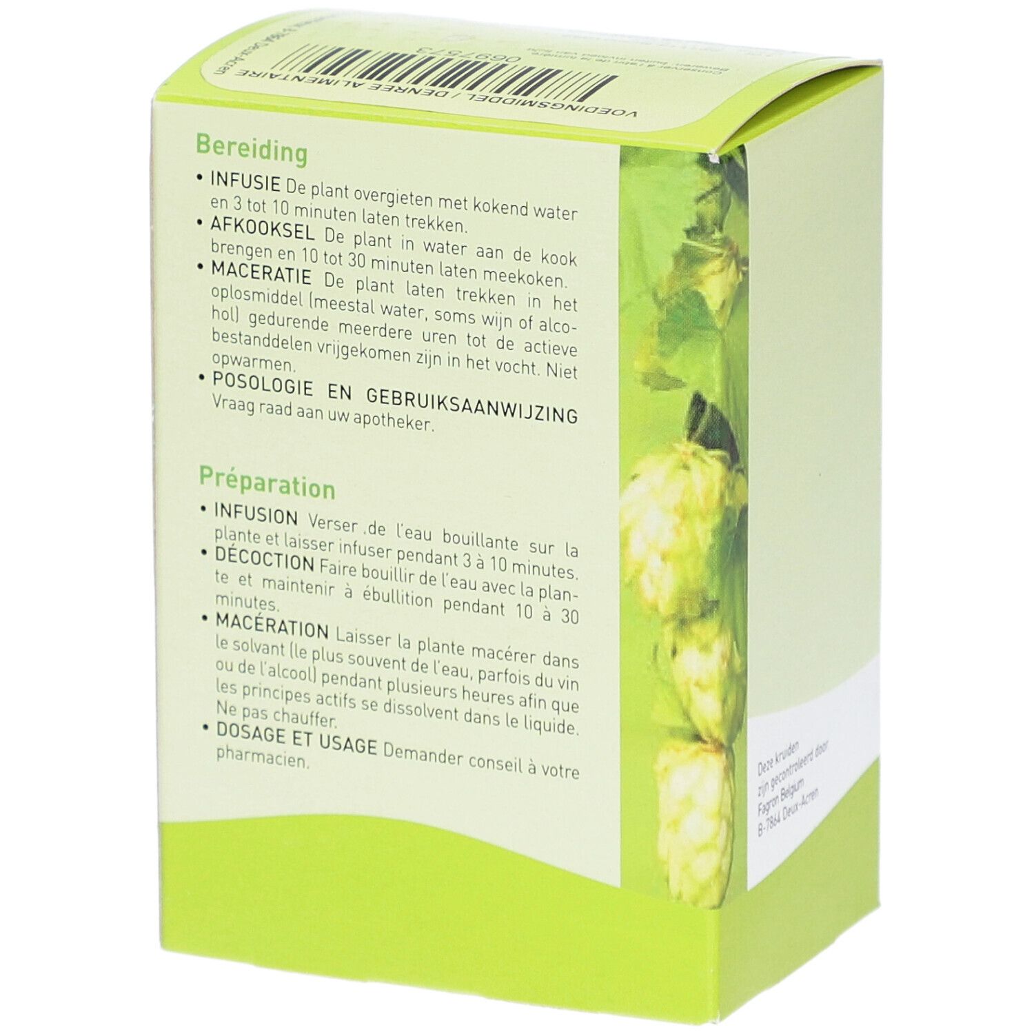 Rückseite der Pharmaflore Carvi Fruit Verpackung. Text in Niederländisch und Französisch. Anweisungen zur Zubereitung.