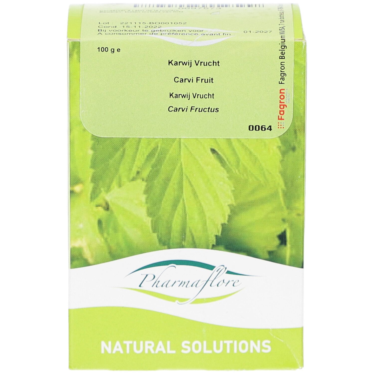 Verpackung von Pharmaflore Carvi Fruit. Grün-weiße Schachtel mit Blattmotiv. Text: Karwij Vrucht, Carvi Fruit, Natural Solutions.