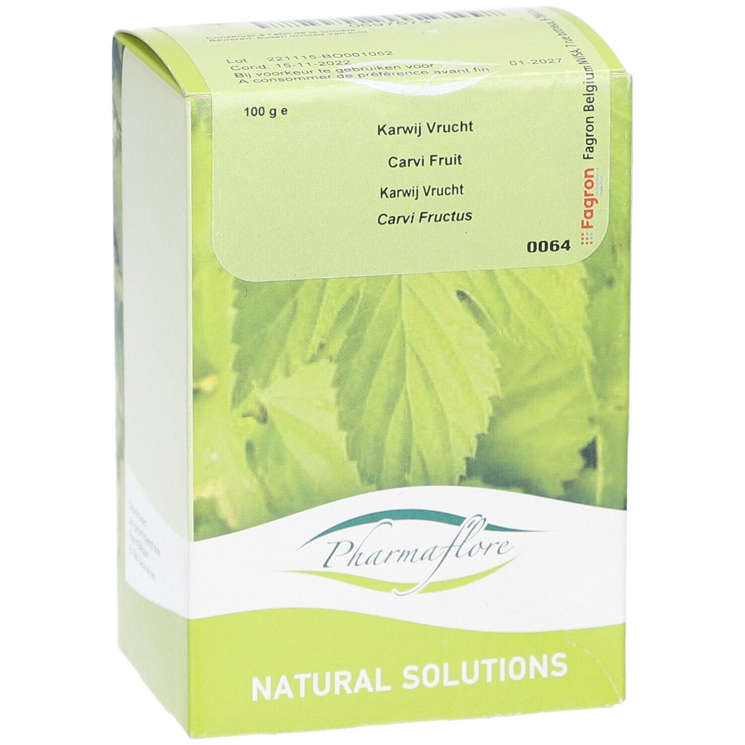 Verpackung von Pharmaflore Carvi Fruit. Grün-weiße Schachtel mit Blattmotiv. Text: Karwij Vrucht, Carvi Fruit, Natural Solutions.