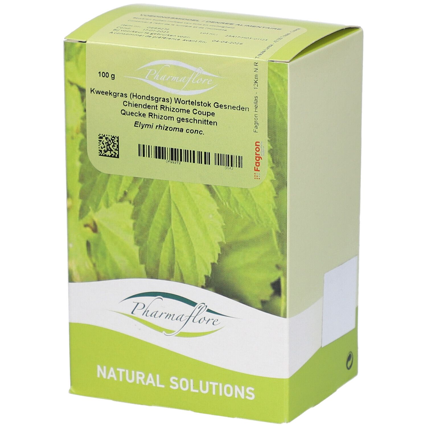 Grüne Schachtel mit Pharmaflore-Logo und Produktbezeichnung. Enthält 100 g. Text in Niederländisch, Französisch, Deutsch.