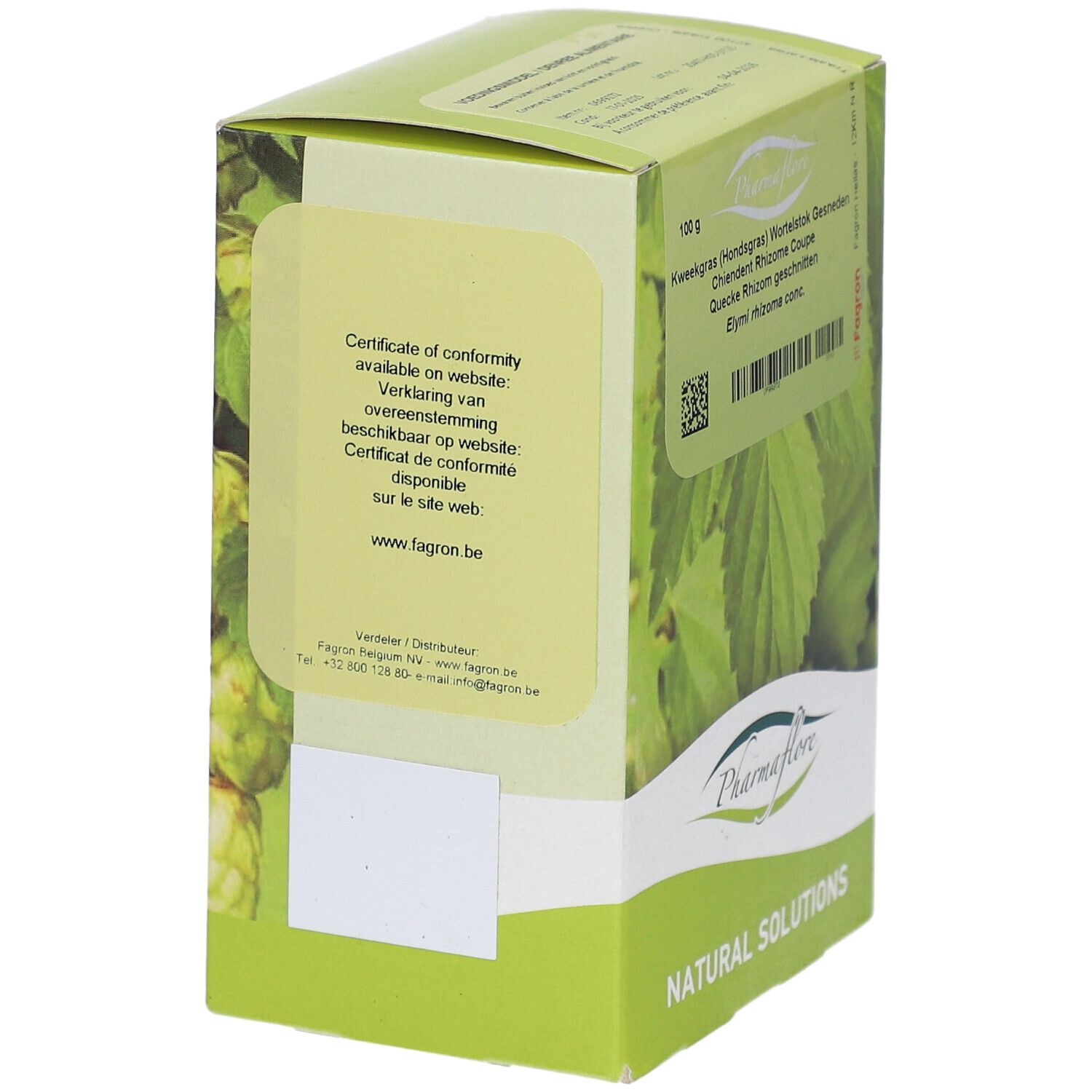 Rückseite der grünen Pharmaflore-Schachtel. Text über Konformitätszertifikat. Logo Pharmaflore und Produktbezeichnung sichtbar.