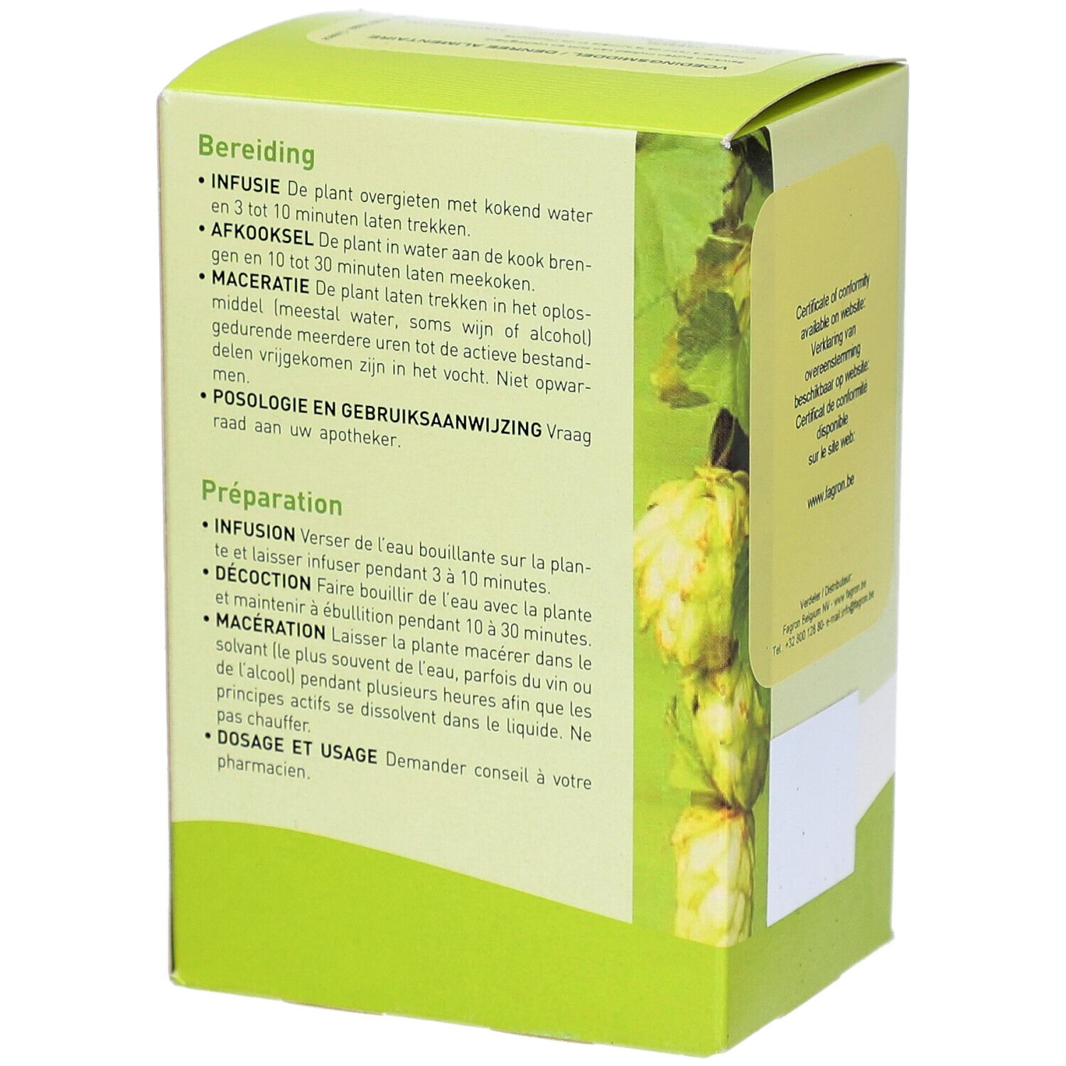 Seite der grünen Pharmaflore-Schachtel mit Zubereitungshinweisen in Niederländisch und Französisch. Logo Pharmaflore sichtbar.