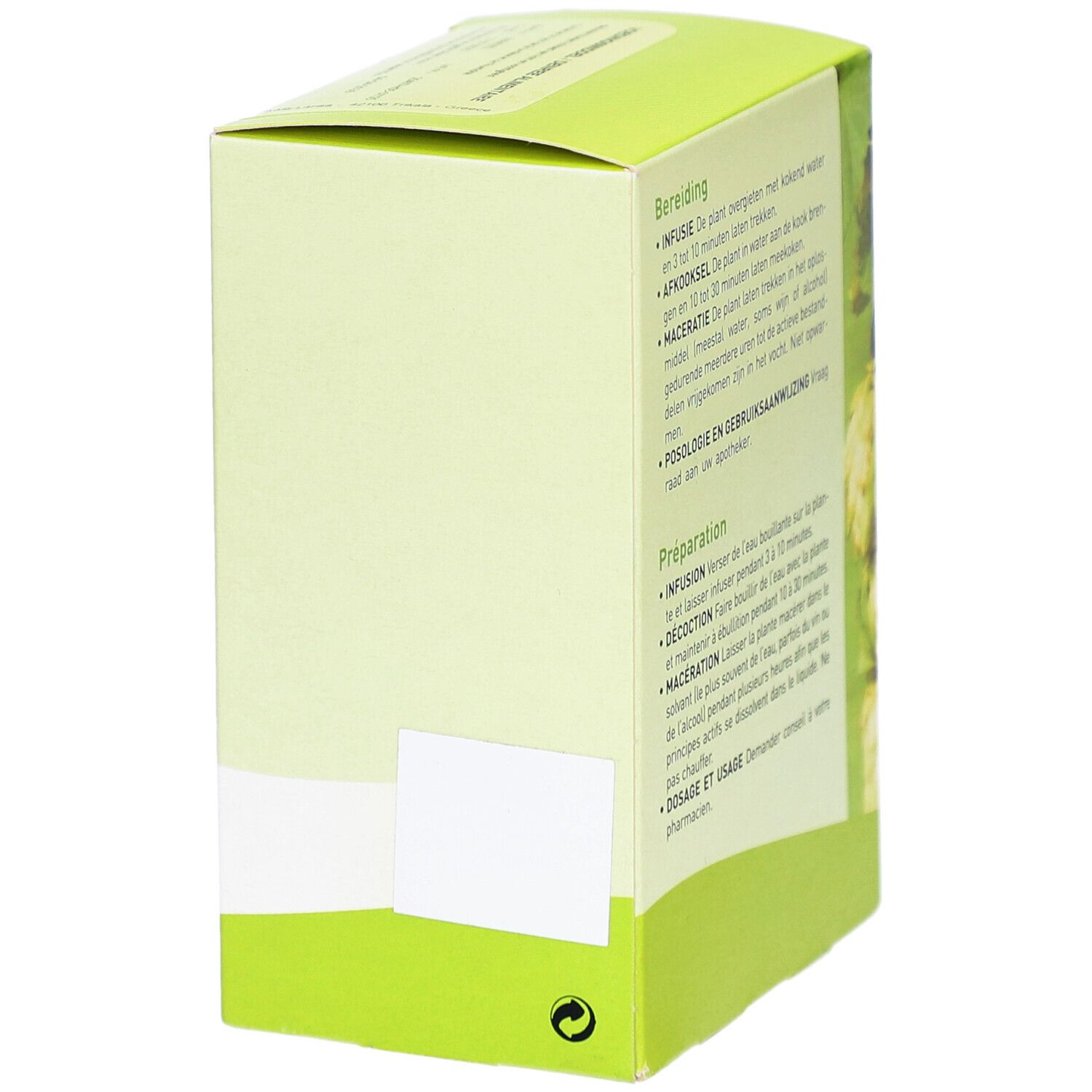 Seite der grünen Pharmaflore-Schachtel mit Text in Niederländisch und Französisch. Grünes Recycling-Symbol.