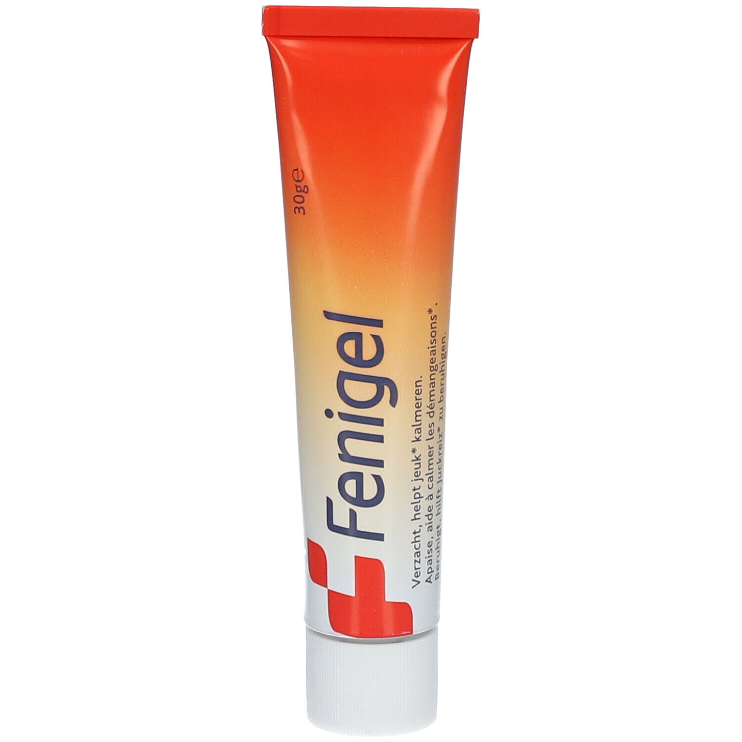 Tube Fenigel. Orange-weißes Design. 30g. Aufschrift: Verricht, helpt jeuk* te kalmeren.