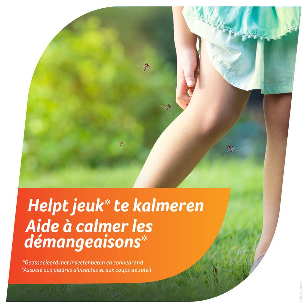 Enfant avec une jambe. Texte: Aide à calmer les démangeaisons.