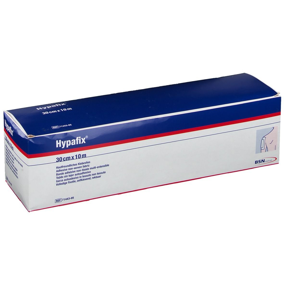 Emballage carton de Hypafix, 30 cm x 10 m. Design bleu et blanc avec nom et taille du produit. Logo BSN.