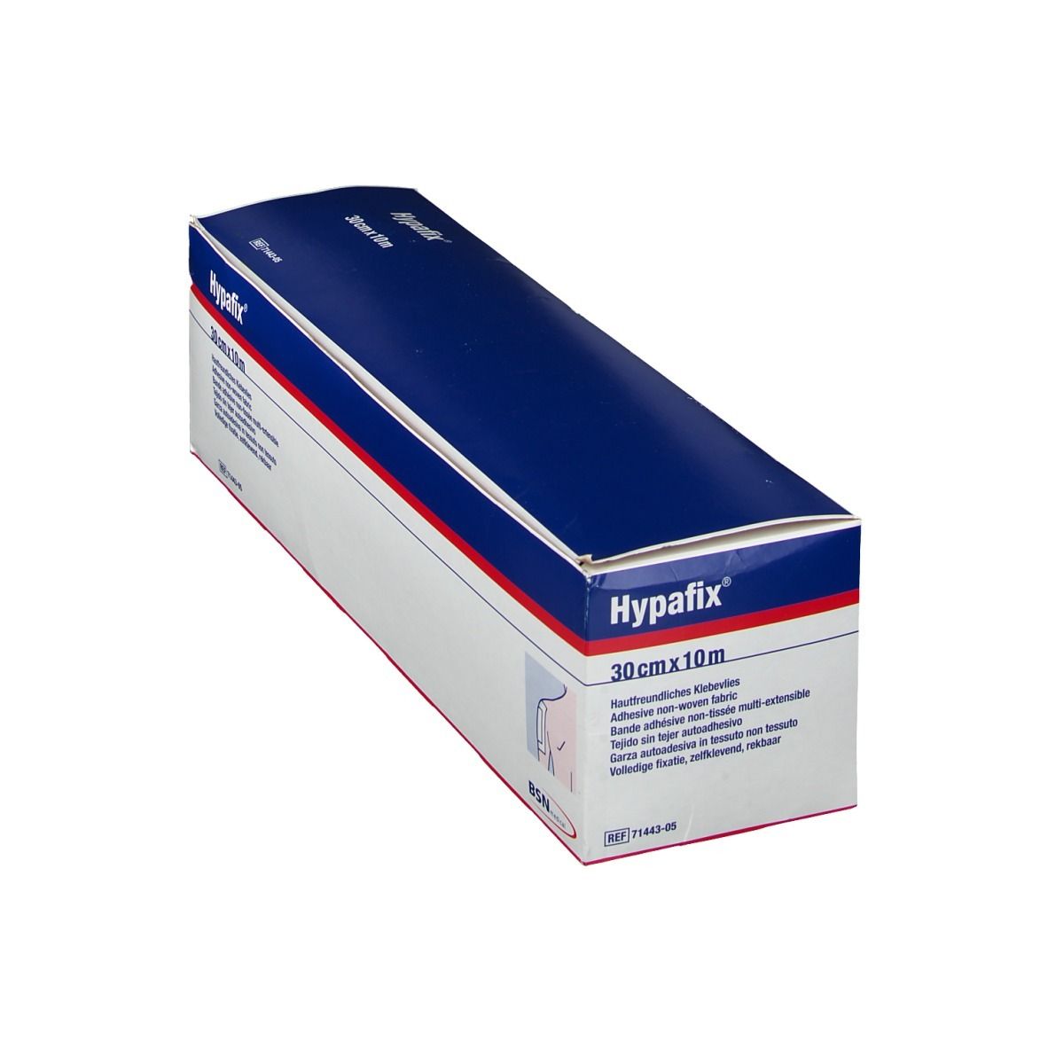 Emballage carton incliné de Hypafix, 30 cm x 10 m. Design bleu et blanc avec nom et taille du produit.