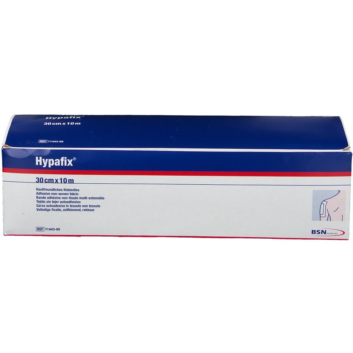 Face avant de l'emballage carton de Hypafix, 30 cm x 10 m. Design bleu et blanc avec nom et taille. Logo BSN.