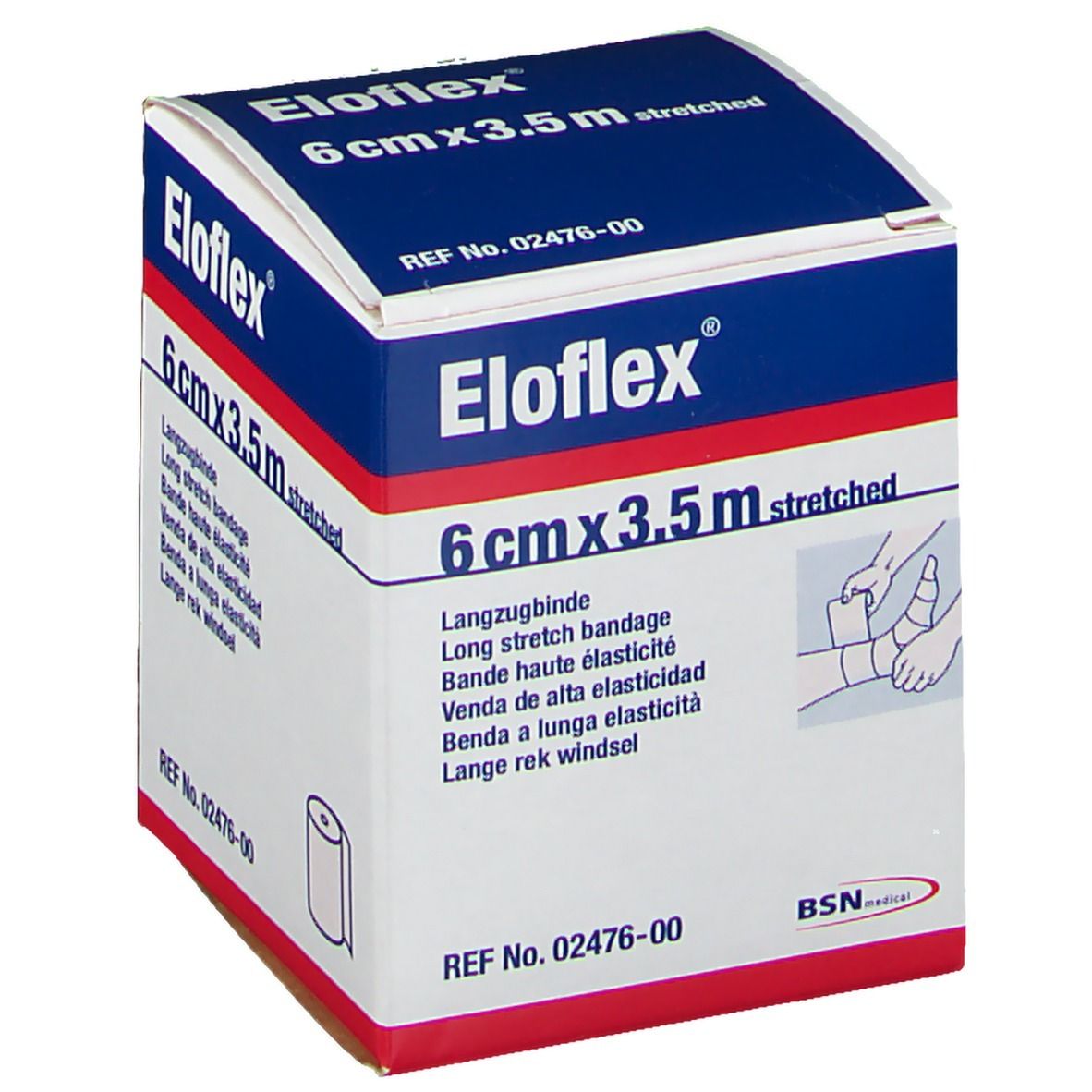 Eloflex-Verpackung. 6 cm x 3,5 m gedehnt. Langzugbinde. BSN medical. REF 02476-00. Illustration der Anwendung.