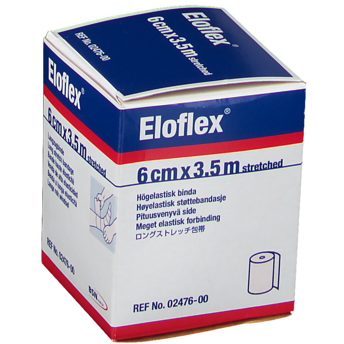 Eloflex-Verpackung. 6 cm x 3,5 m gedehnt. Högelastische Binde. BSN medical. REF 02476-00. Illustration der Anwendung.