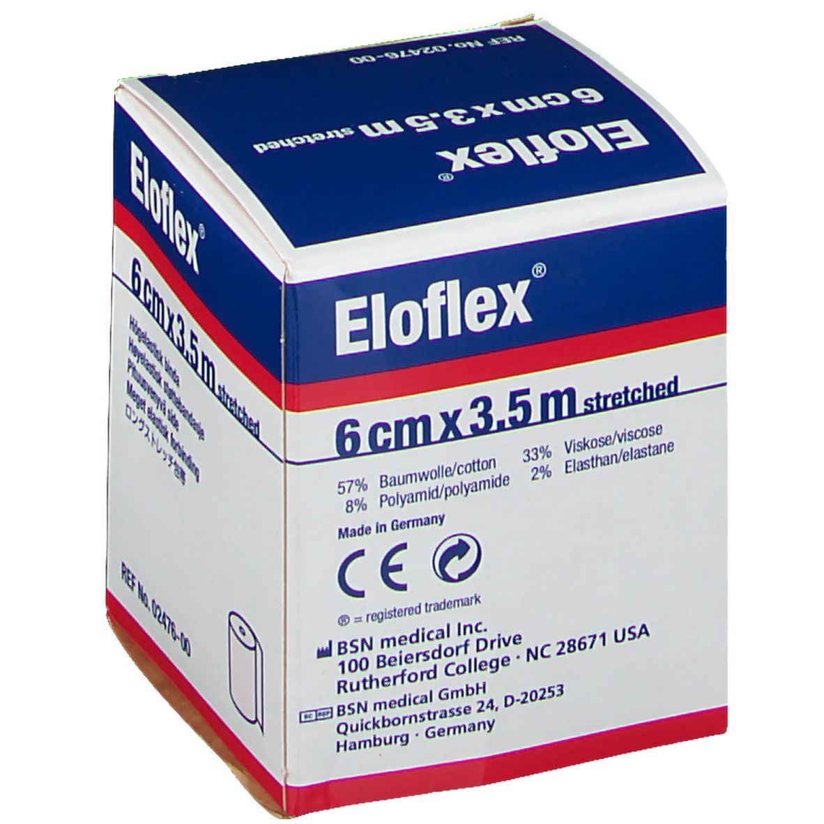 Eloflex-Verpackung. 6 cm x 3,5 m gedehnt. Materialzusammensetzung: Baumwolle, Viskose, Polyamid, Elasthan. BSN medical. CE-Kennzeichnung.