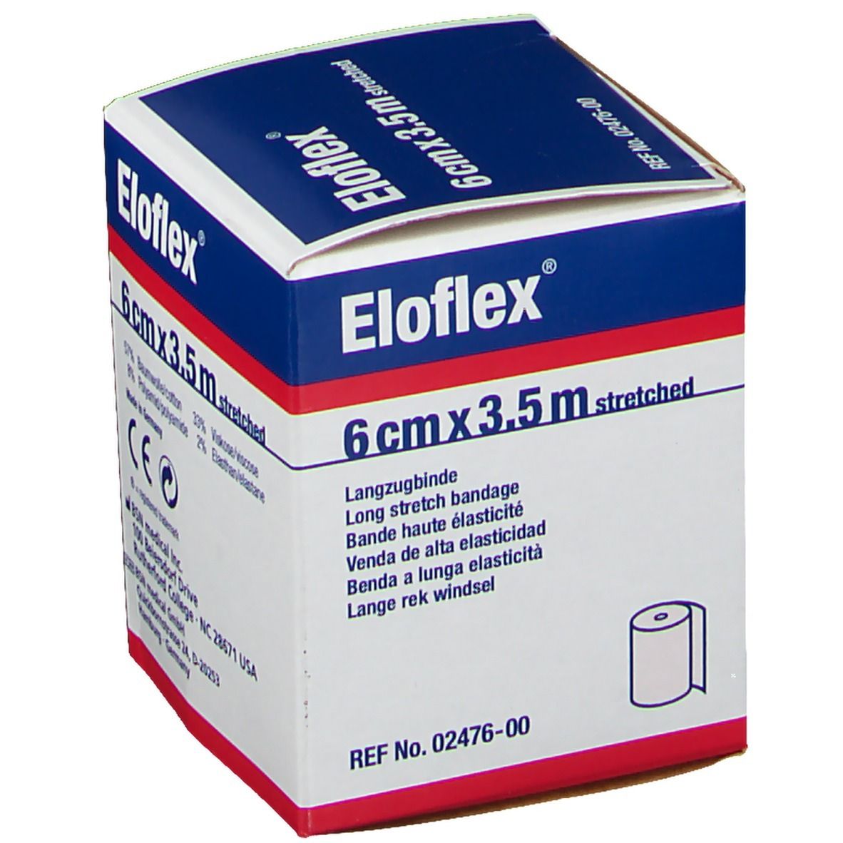 Eloflex-Verpackung. 6 cm x 3,5 m gedehnt. Langzugbinde. BSN medical. REF 02476-00. CE-Kennzeichnung. Illustration der Anwendung.