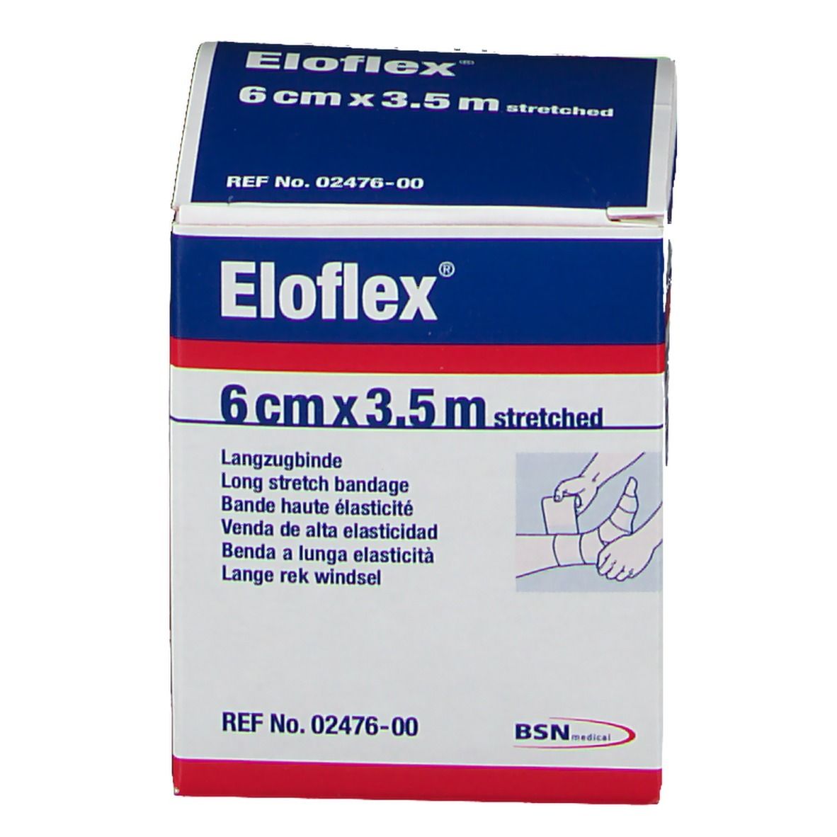Eloflex-Verpackung. 6 cm x 3,5 m gedehnt. Langzugbinde. BSN medical. REF 02476-00. Illustration der Anwendung.