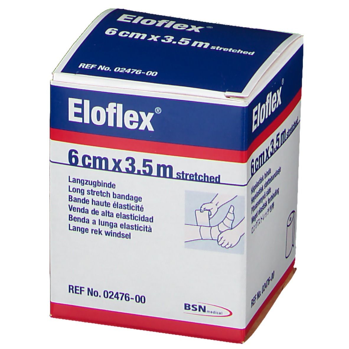 Eloflex-Verpackung. 6 cm x 3,5 m gedehnt. Langzugbinde. BSN medical. REF 02476-00. Illustration der Anwendung.