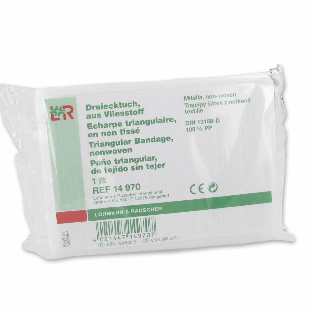 Emballage d'écharpe triangulaire non tissée. Inscription: Triangular Bandage, nonwoven. Avec marquage CE.