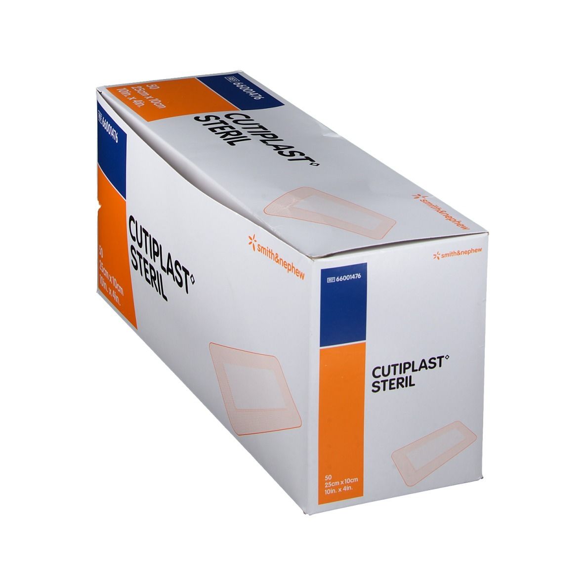 Boîte de CULTIPLAST STERIL en biais. Contient 50 unités, 25cm x 10cm. Marque Smith & Nephew.
