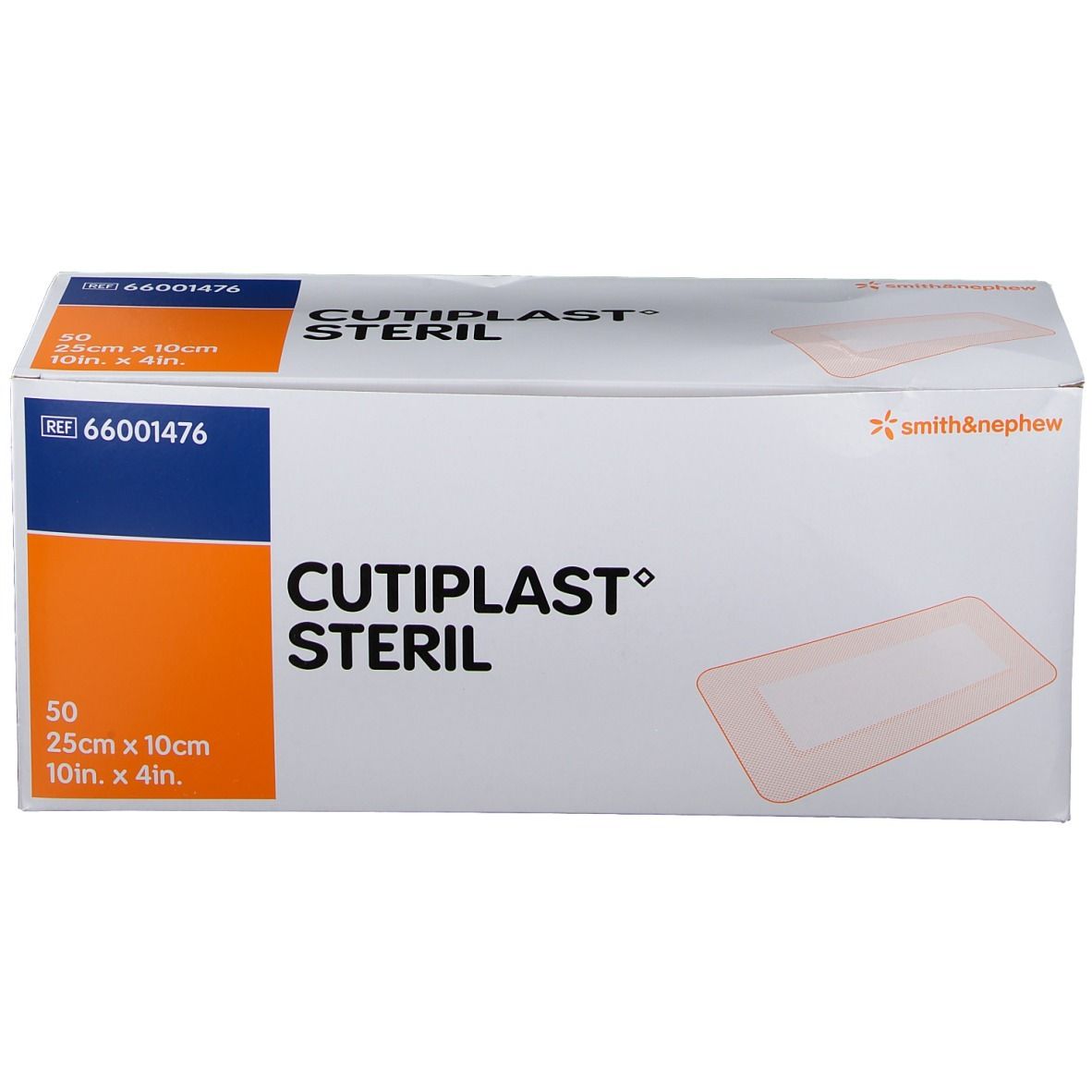 Boîte de CULTIPLAST STERIL. Contient 50 unités, 25cm x 10cm. Marque Smith & Nephew. Référence 66001476.