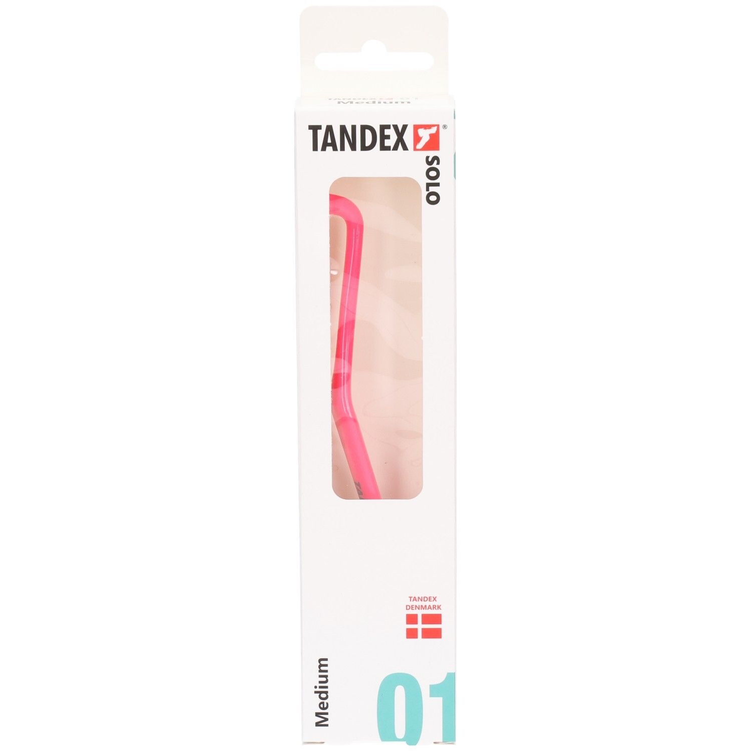 Verpackung einer pinken Tandex Solo Zahnbürste, Medium, mit Blick auf das Produkt.