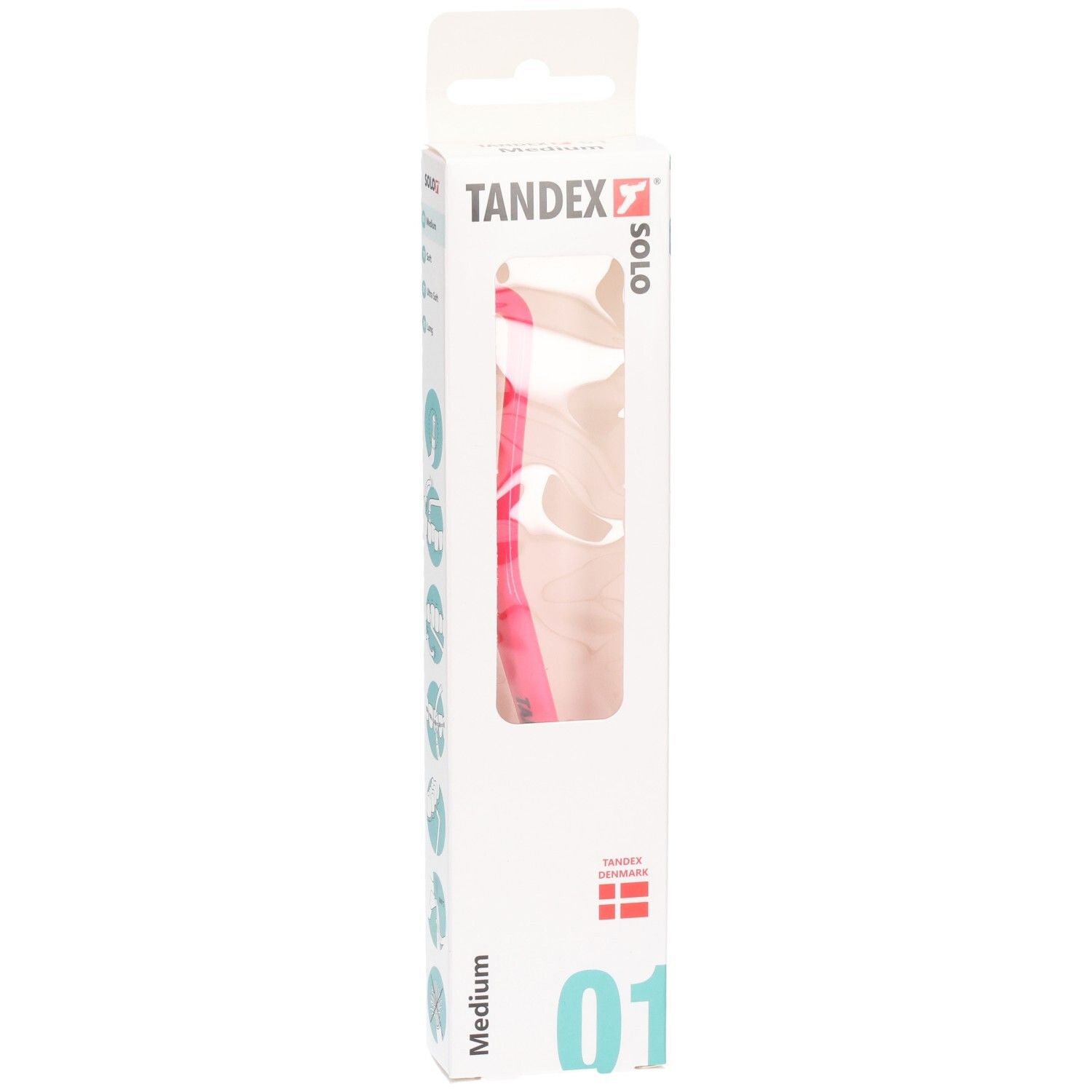 Verpackung einer pinken Tandex Solo Zahnbürste, Medium, mit dänischer Flagge.