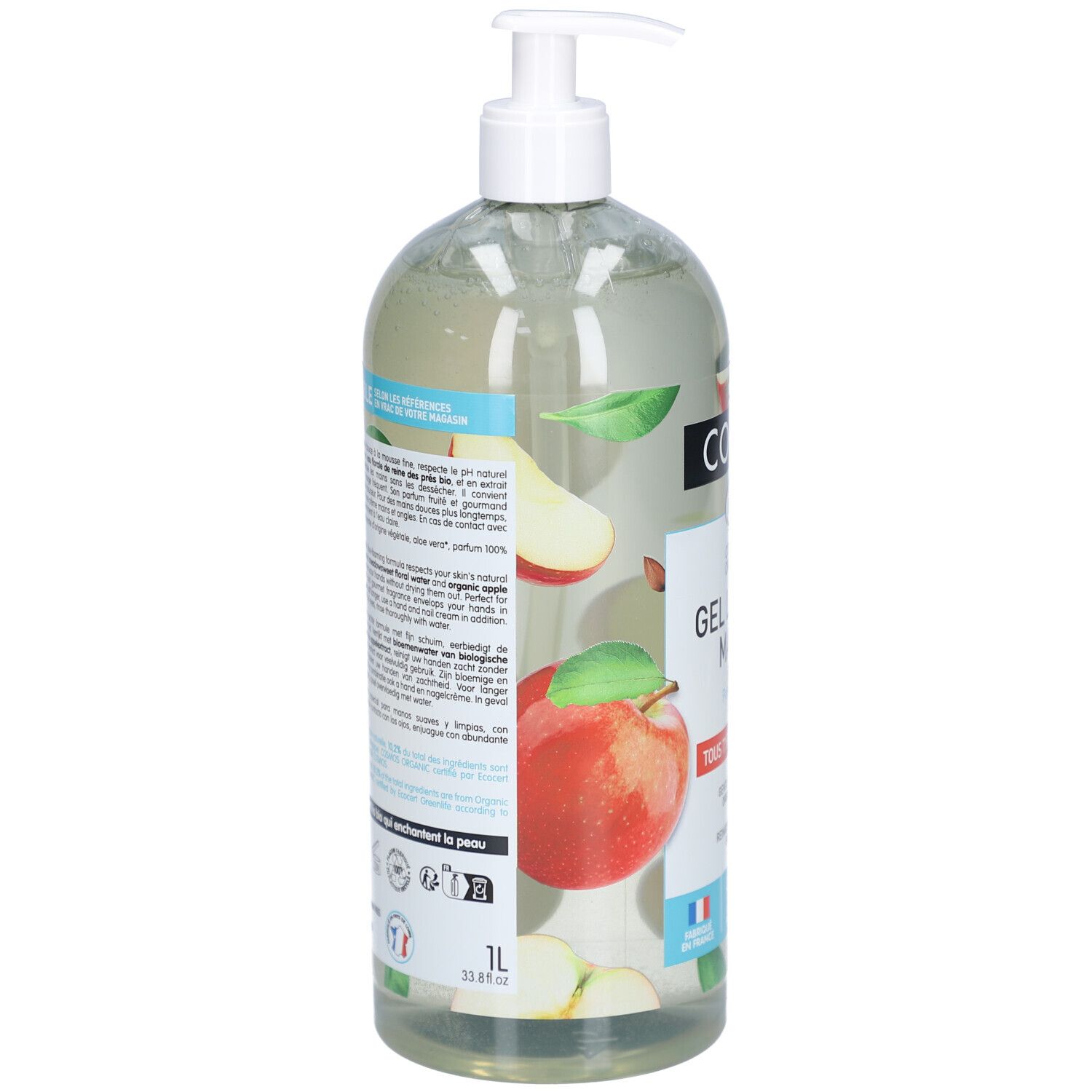 Transparente Flasche mit Spender. Rückseite mit Text und Illustrationen. Apfel-Illustrationen. Französische Flagge. Volumen: 1L.