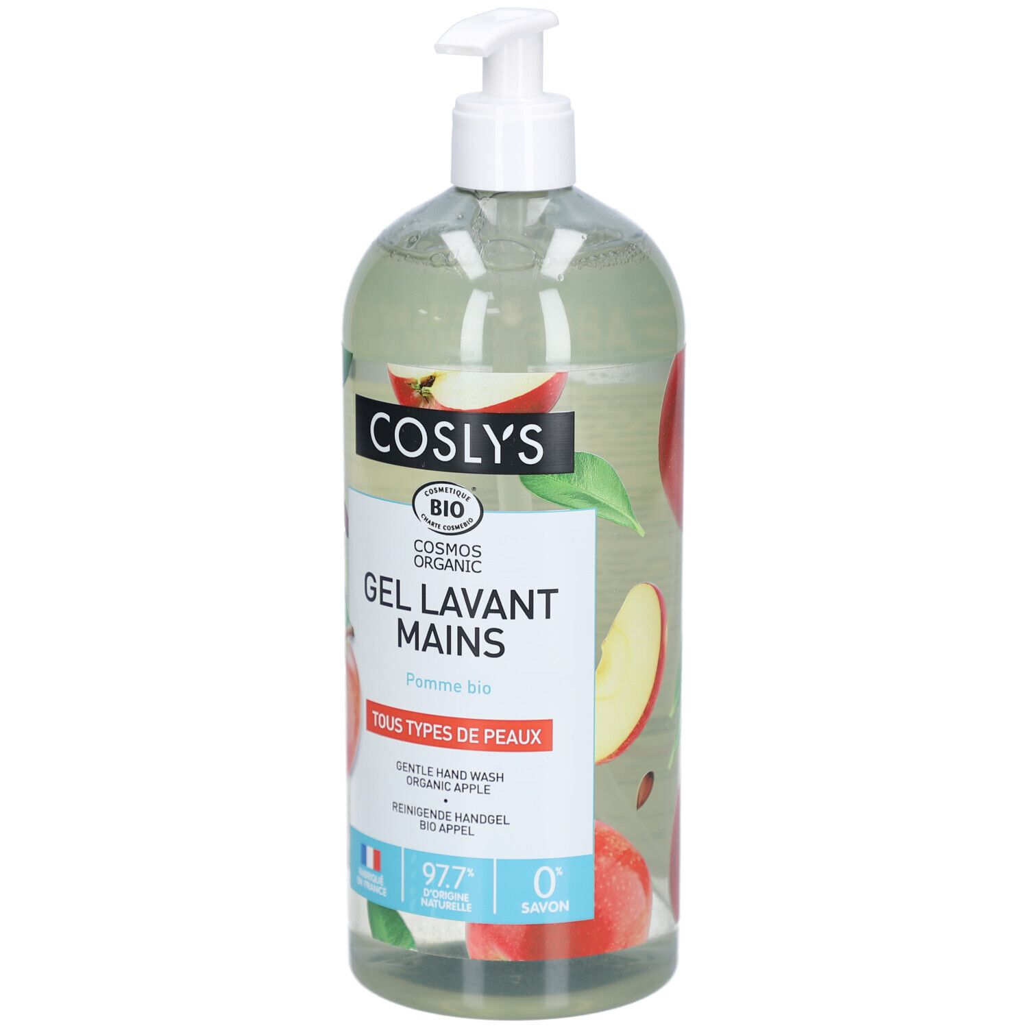 Transparente Flasche mit Spender. Aufkleber mit "Coslys", "Gel Lavant Mains", Apfel-Illustrationen und Bio-Siegel. Französische Flagge.