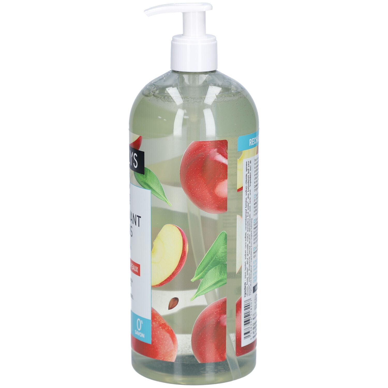 Transparente Flasche mit Spender. Aufkleber mit Apfel-Illustrationen. "RECHARGEABLE" Text. Französische Flagge. Bio-Siegel.