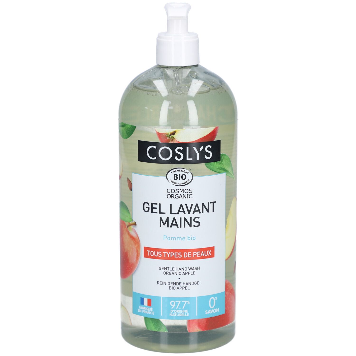 Transparente Flasche mit Spender. Aufkleber mit "Coslys", "Gel Lavant Mains", Apfel-Illustrationen und Bio-Siegel. Französische Flagge.