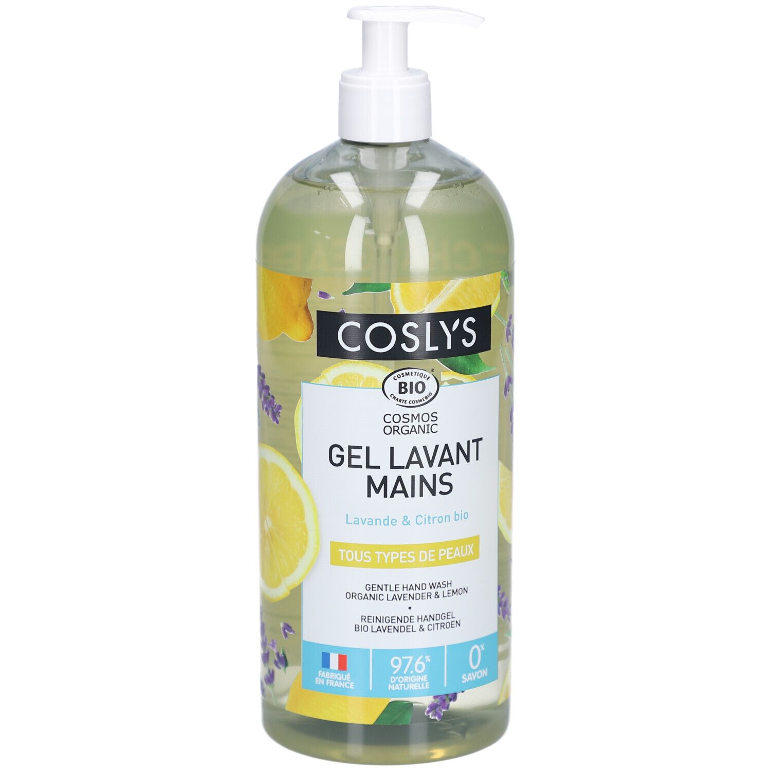 Transparente Flasche mit Spender. Aufkleber mit Produktbezeichnung, Zitrone und Lavendel-Illustrationen. Bio-Zertifizierung.