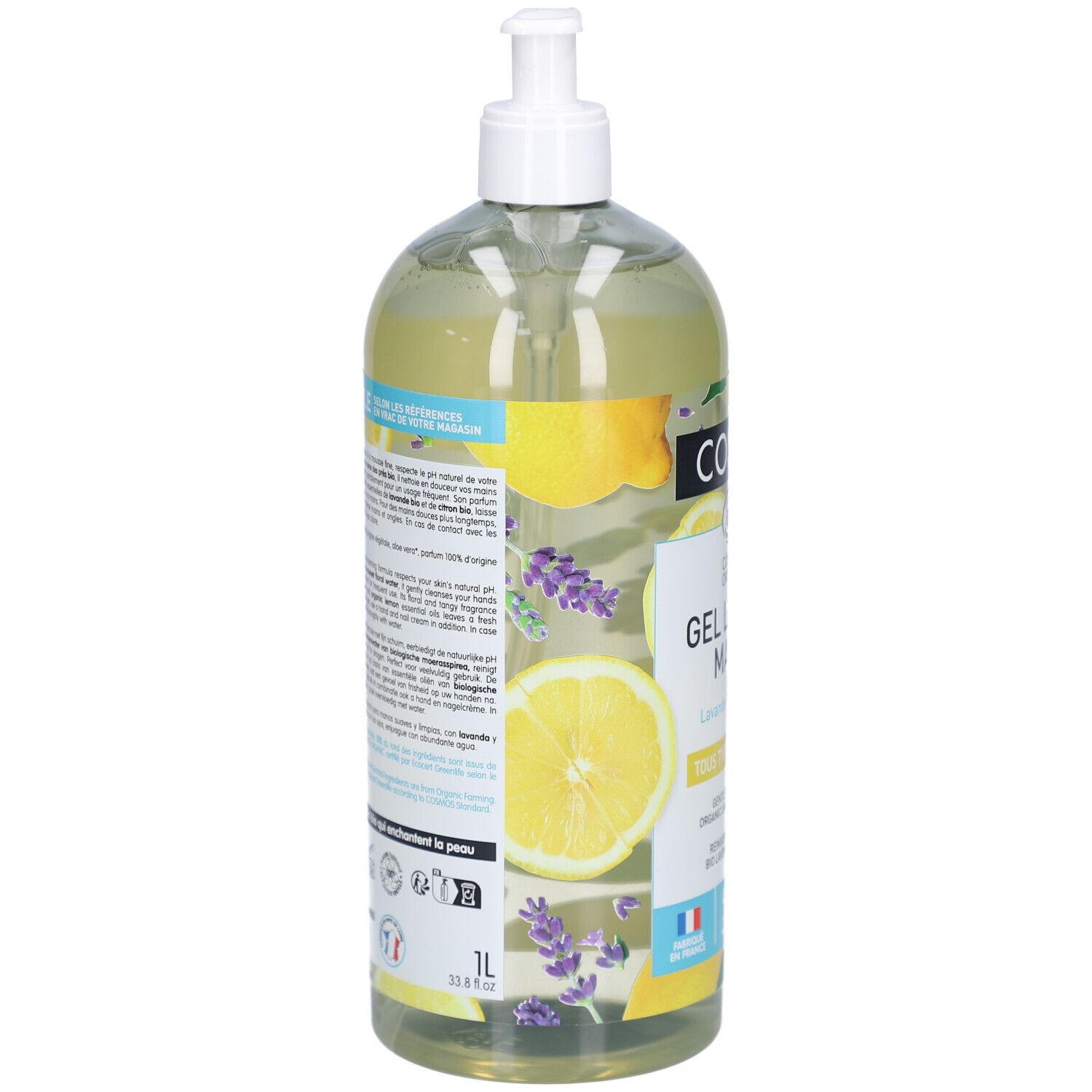 Rückansicht der Flasche. Textinformationen auf Etikett. Illustrationen von Zitrone und Lavendel. Volumenangabe 1L.