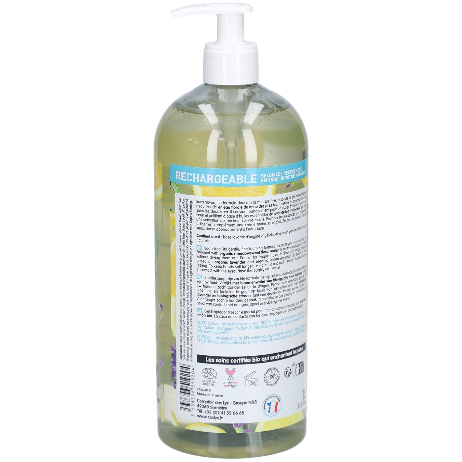 Rückansicht der Flasche. Textinformationen auf Etikett. Illustrationen von Zitrone und Lavendel. Bio-Zertifizierungen.