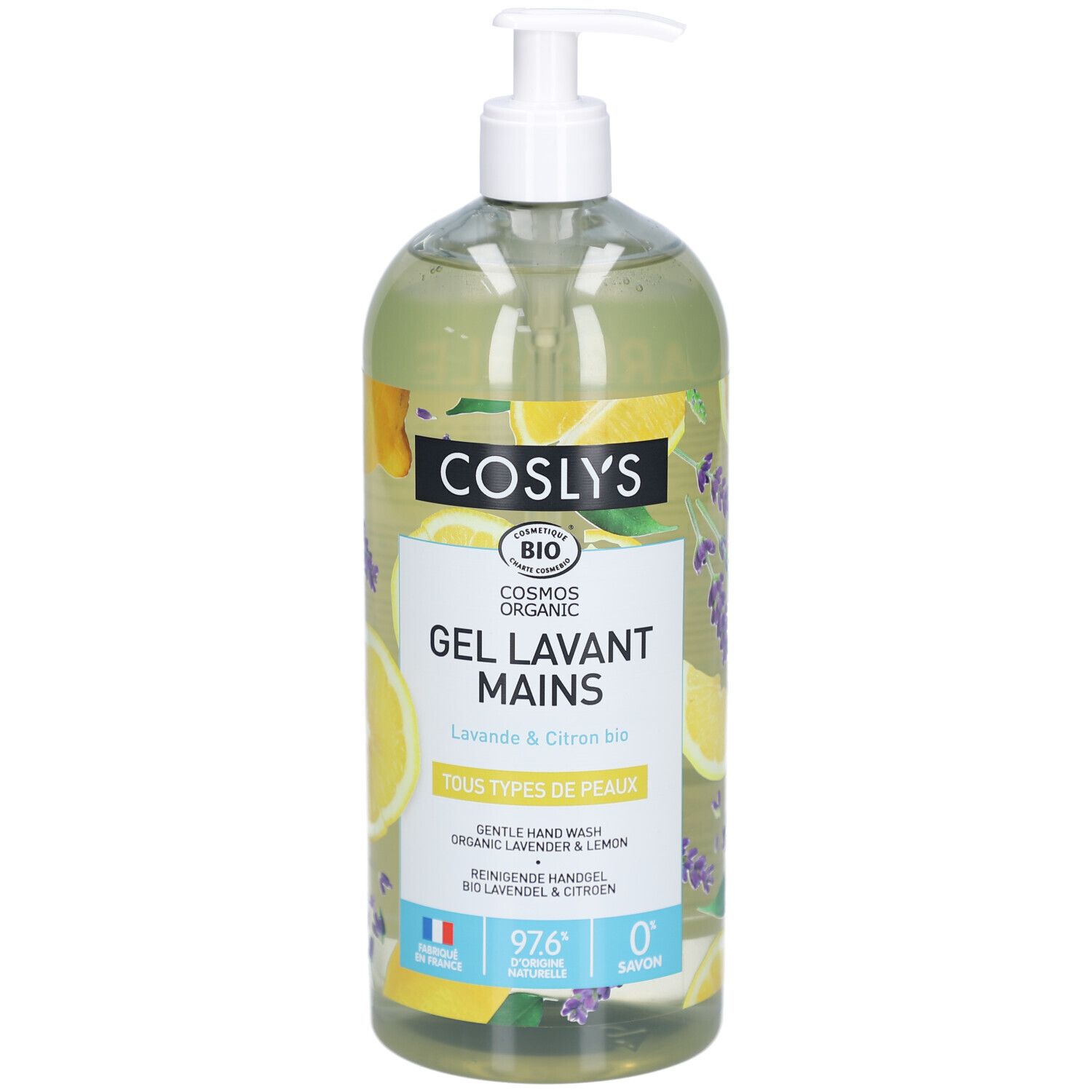 Transparente Flasche mit Spender. Aufkleber mit Produktbezeichnung, Zitrone und Lavendel-Illustrationen. Bio-Zertifizierung.