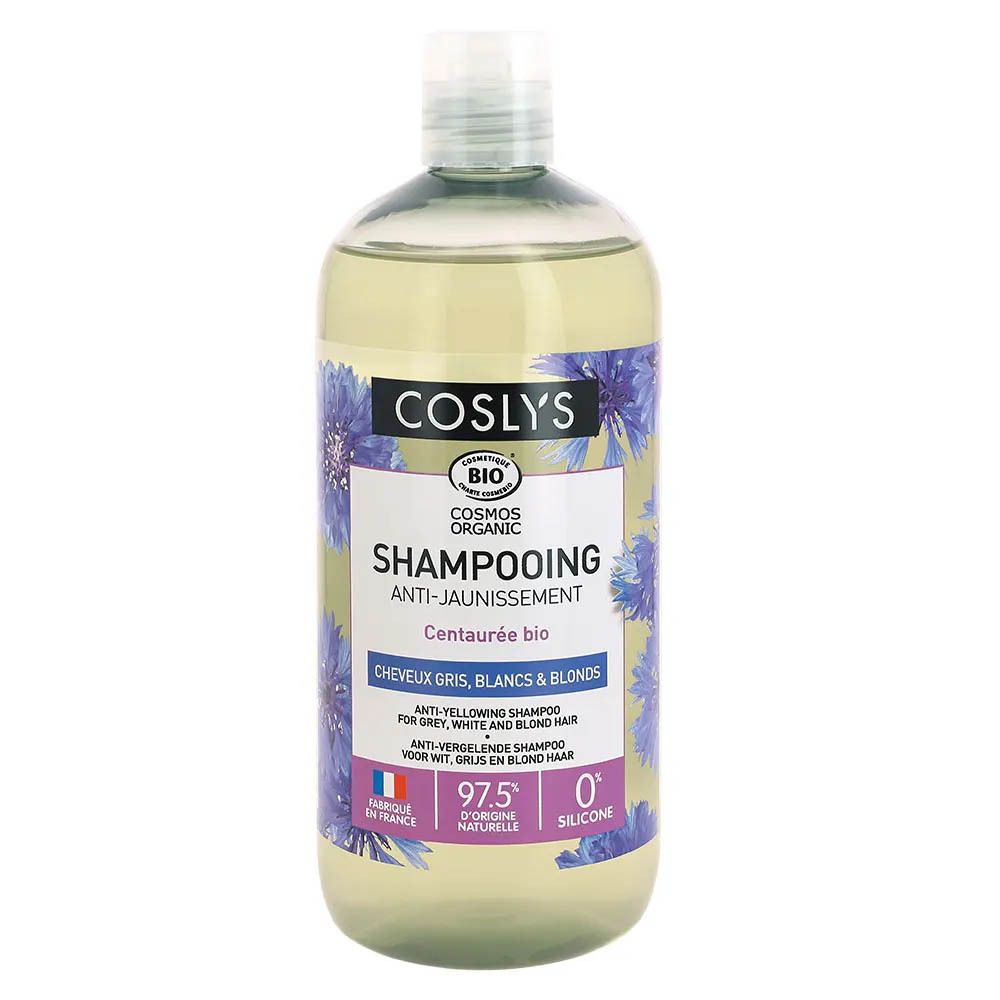 Flacon de shampooing COSLYS anti-jaunissement pour cheveux gris, blancs et blonds. Fleurs bleues et informations produit.