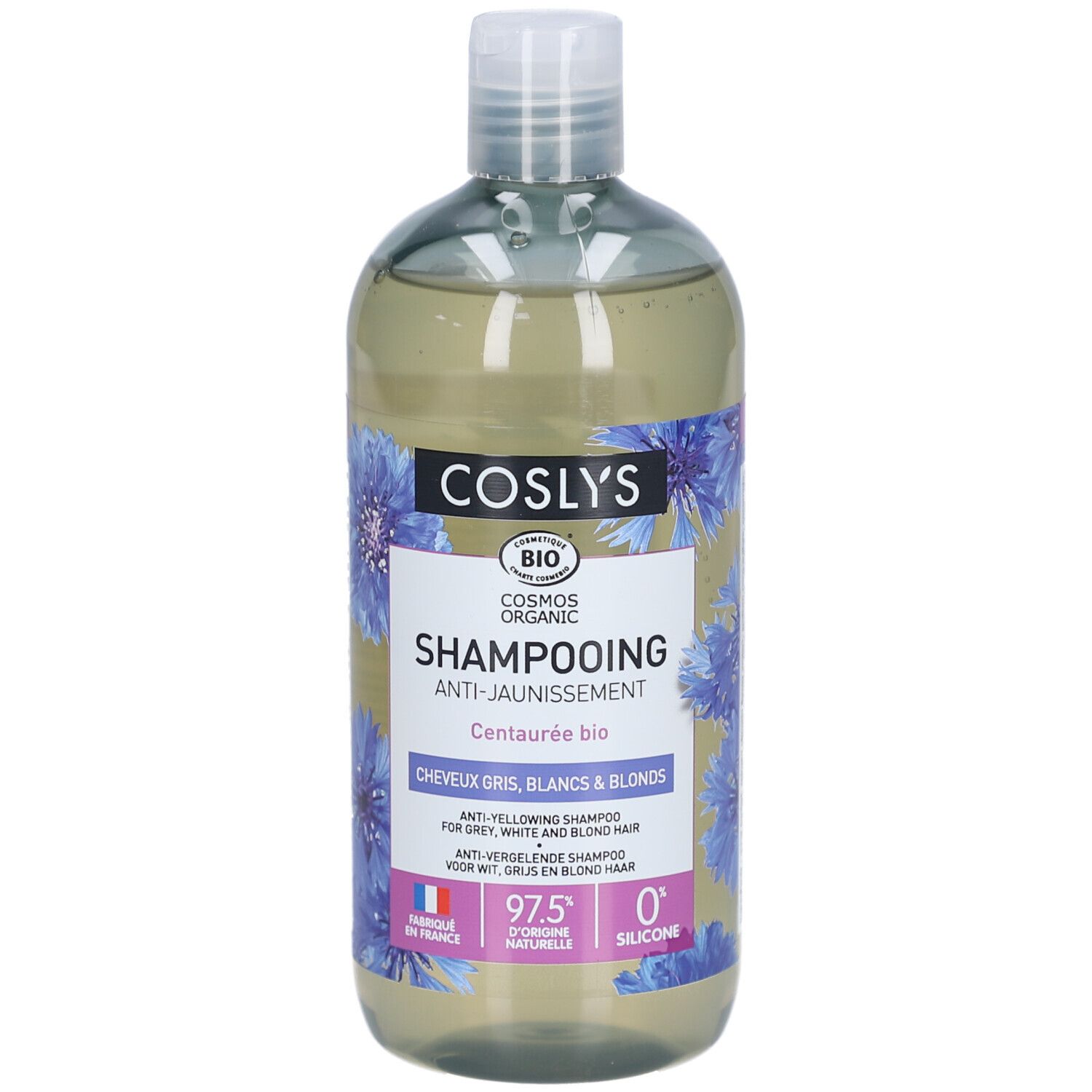 COSLYS Shampooing, Anti-Gelbstich für graues, weißes und blondes Haar. Flasche mit blauen Blüten und Produktinformationen.