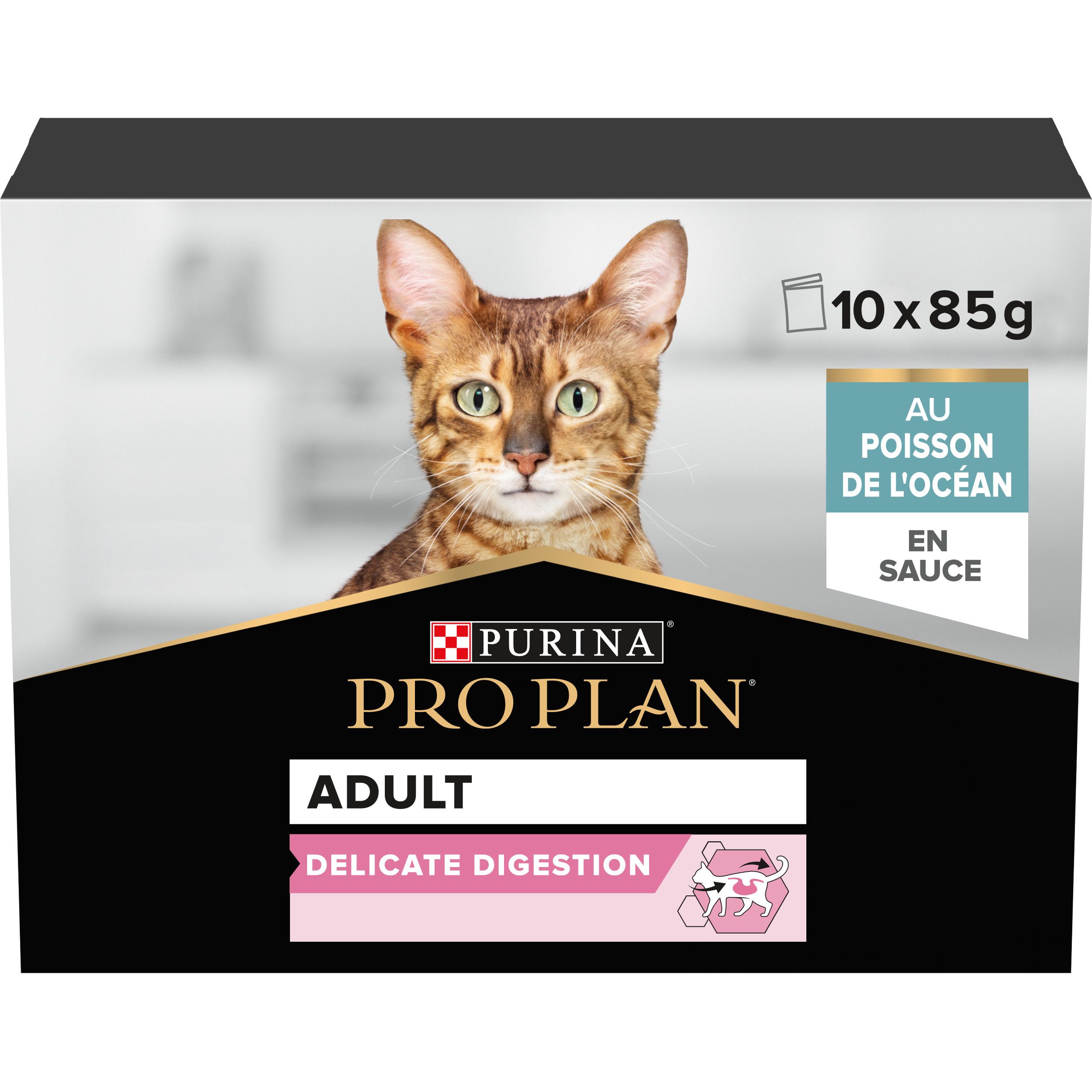 Purina Pro Plan Adult Delicate Digestion. Aliment pour chat. Image d'un chat. 10 x 85g. En sauce.