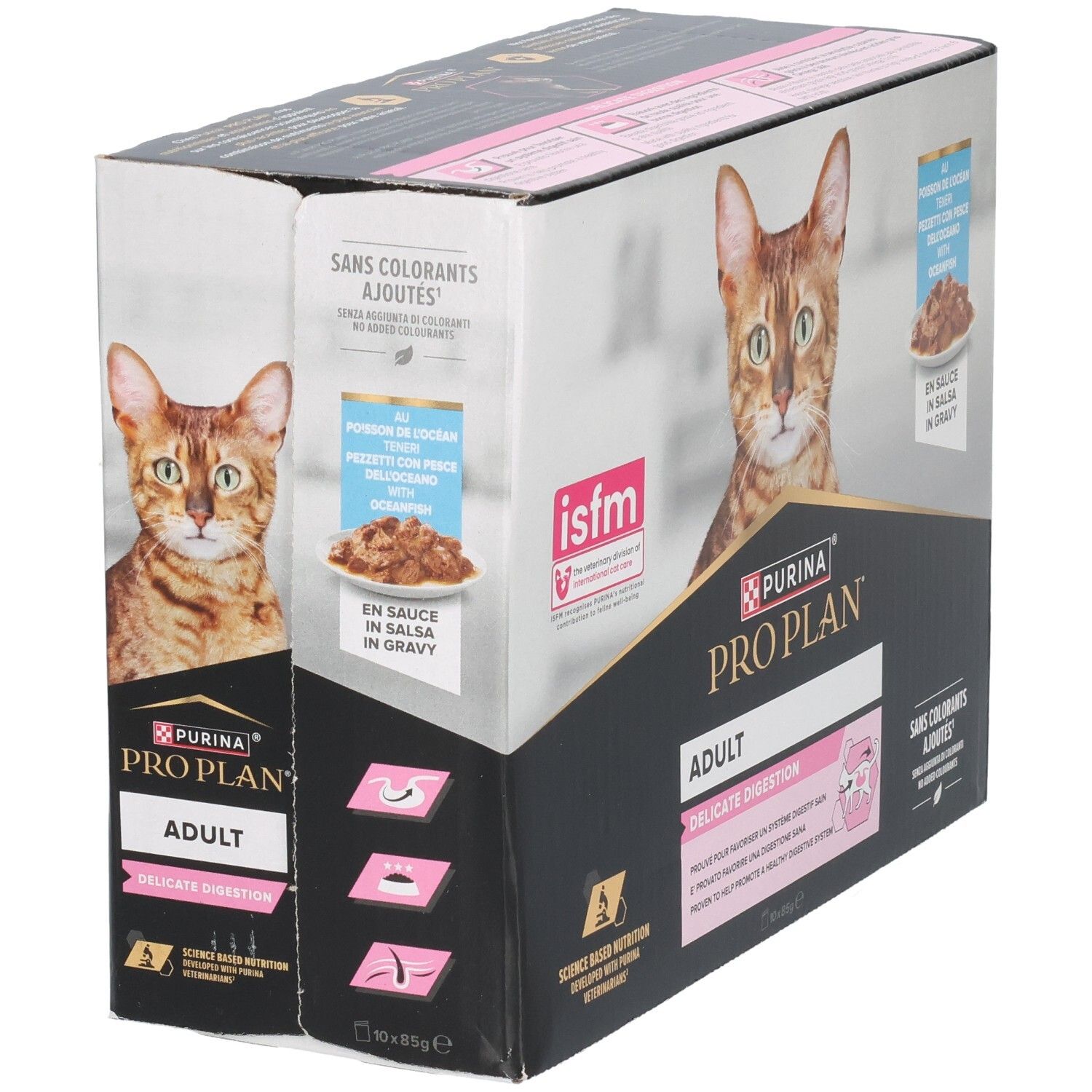 Boîte de Purina Pro Plan Adult Delicate Digestion. Image d'un chat. Contient 10 sachets. Sans colorants ajoutés.