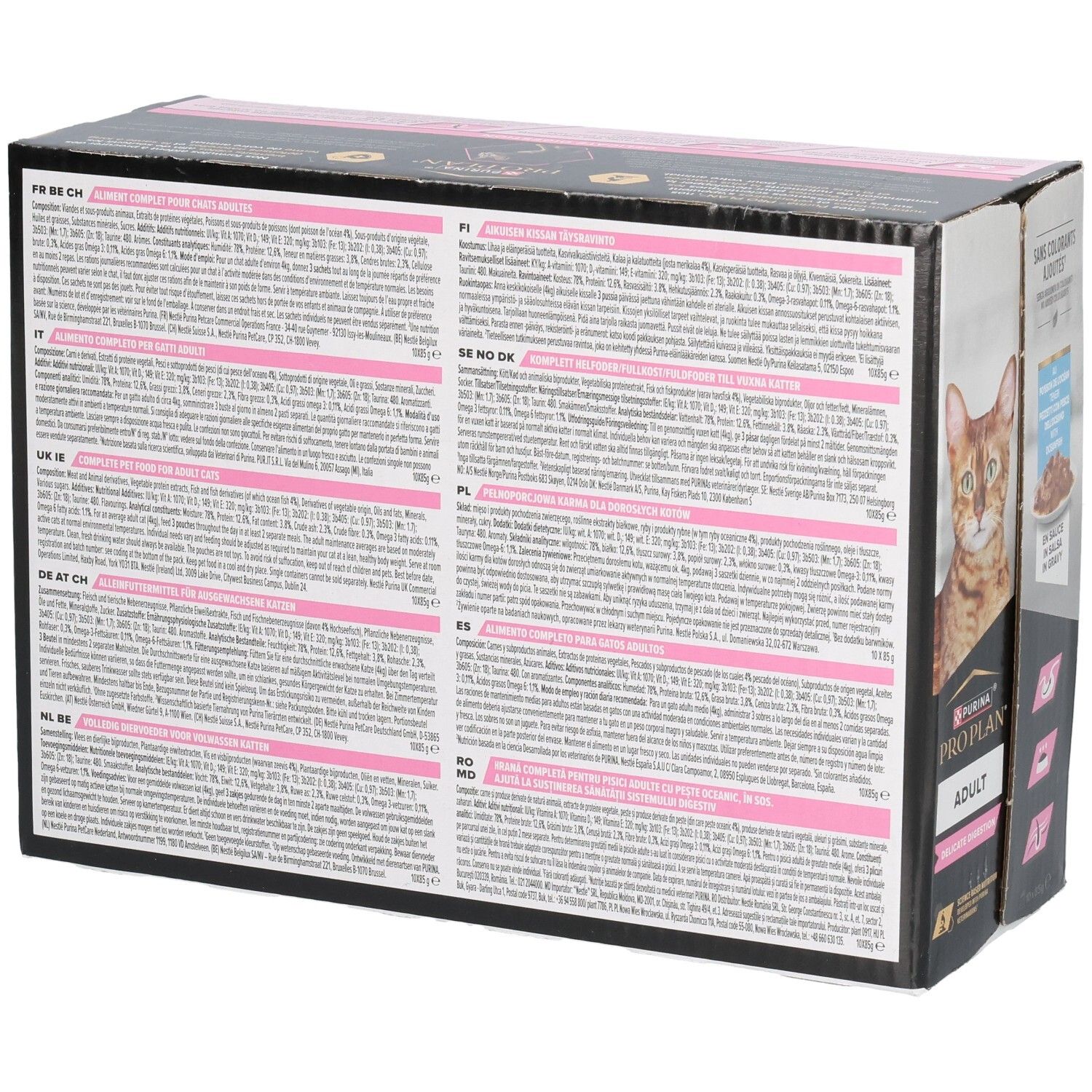 Dos de l'emballage de nourriture pour chats. Texte multilingue. Ingrédients et informations nutritionnelles.