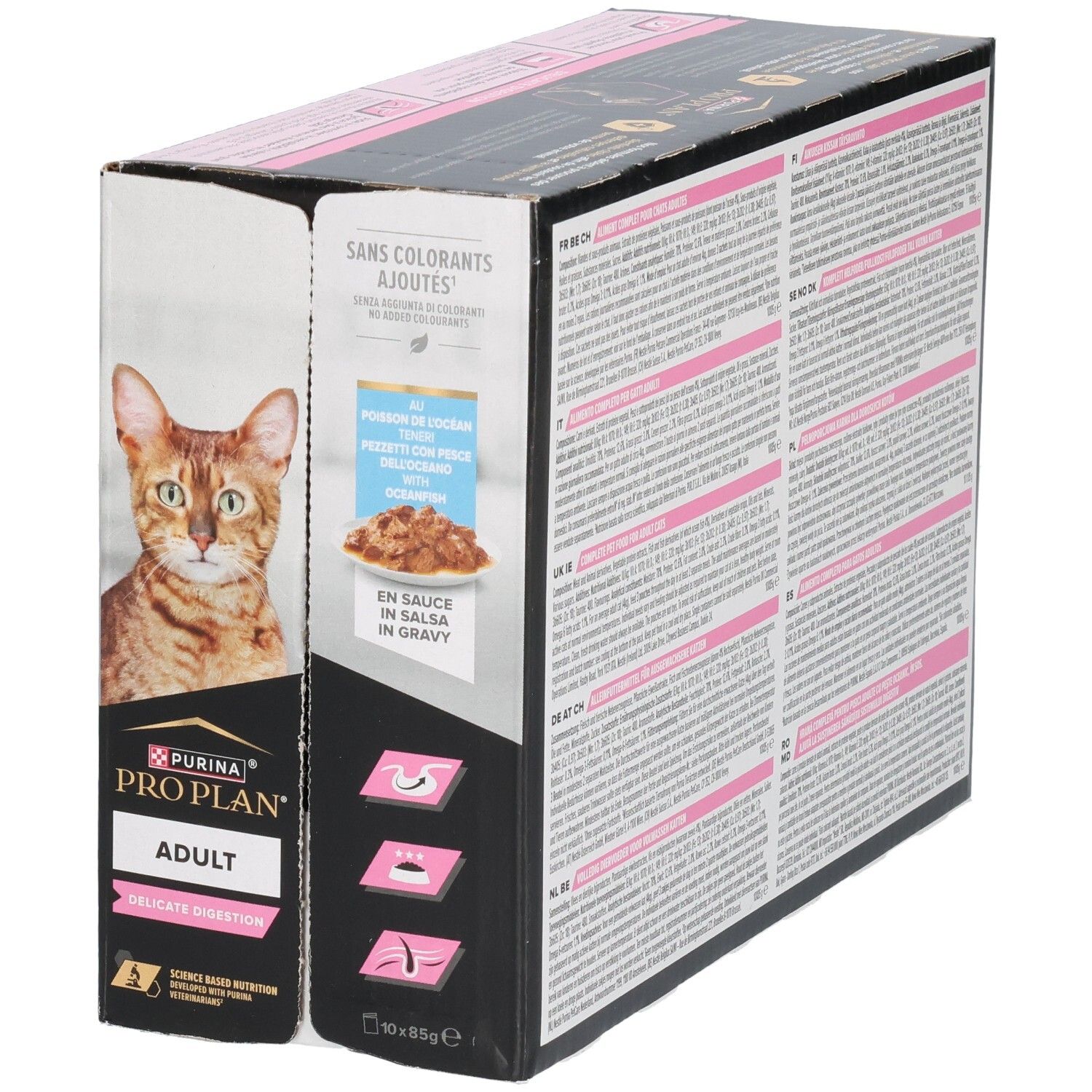 Boîte de Purina Pro Plan Adult Delicate Digestion. Image d'un chat. Contient 10 sachets. Sans colorants ajoutés.