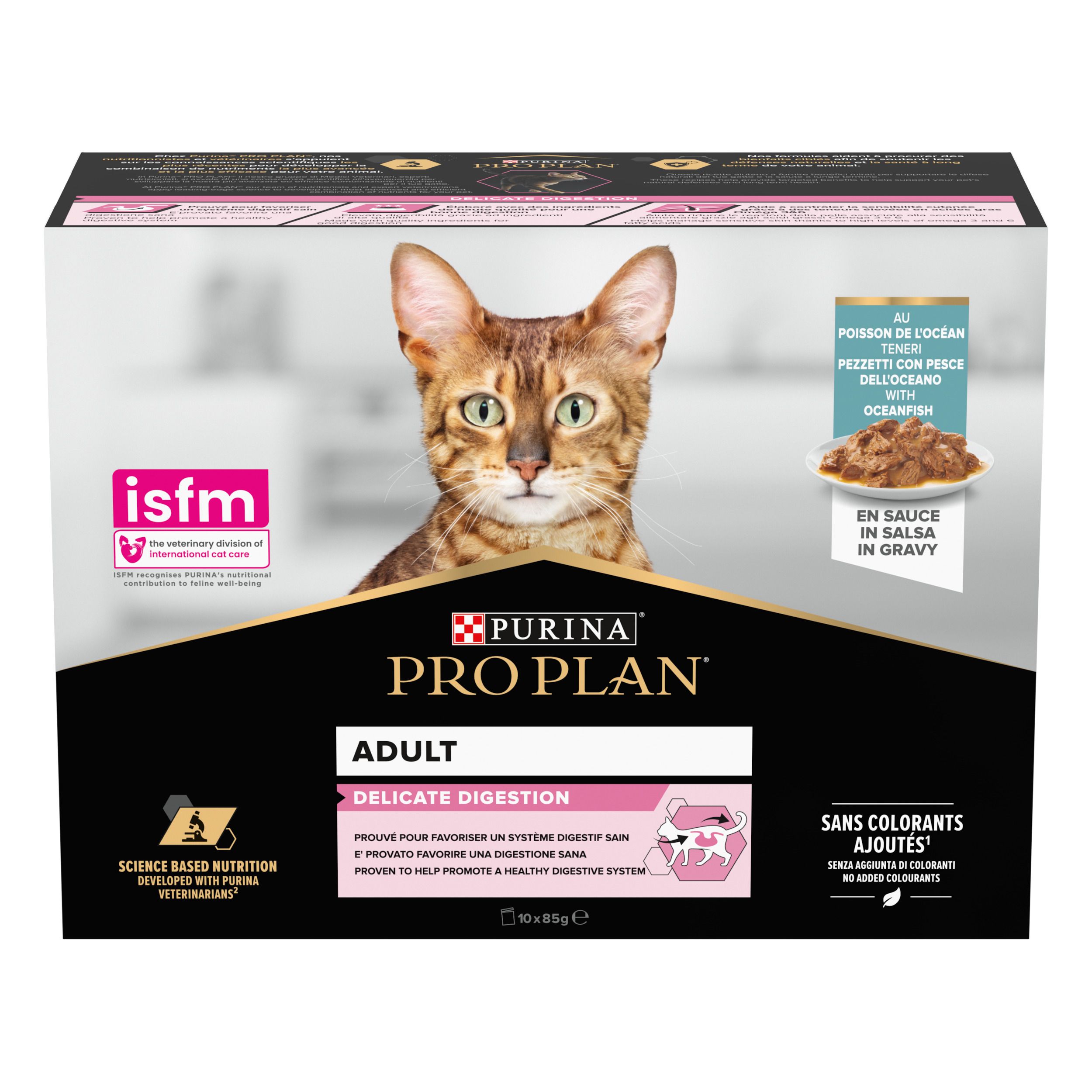 Purina Pro Plan Adult Delicate Digestion. Aliment pour chat. Image d'un chat. 10 x 85g. En sauce.