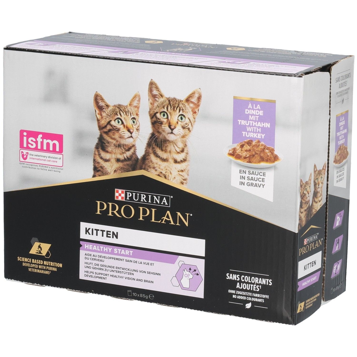 Kartonverpackung mit Katzenfutter. Aufdruck: Purina Pro Plan Kitten, Truthahn in Sauce. Zwei Kätzchen abgebildet. Mit ISFM-Logo.
