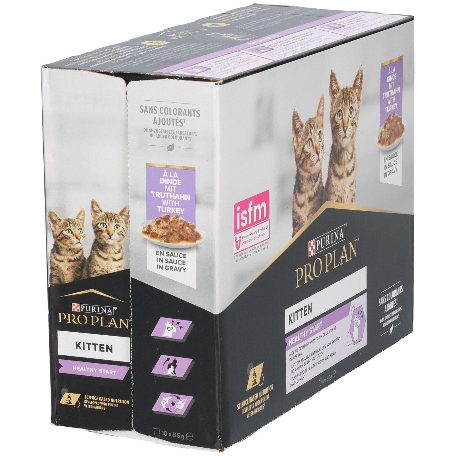 Kartonverpackung mit Katzenfutter. Purina Pro Plan Kitten, Truthahn in Sauce. Zwei Kätzchen. Ohne Farbstoffe. Rückseite mit Text.