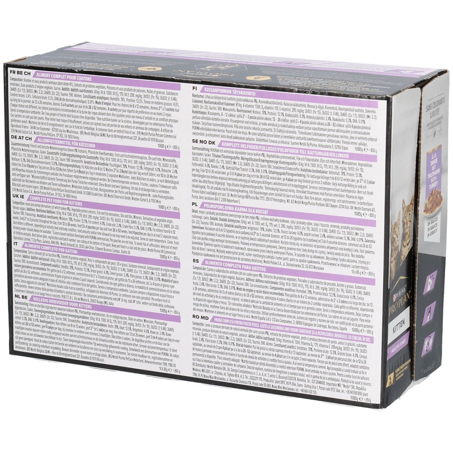 Rückseite der Katzenfutter-Verpackung. Text in verschiedenen Sprachen. Produktinformationen und Nährwertangaben.