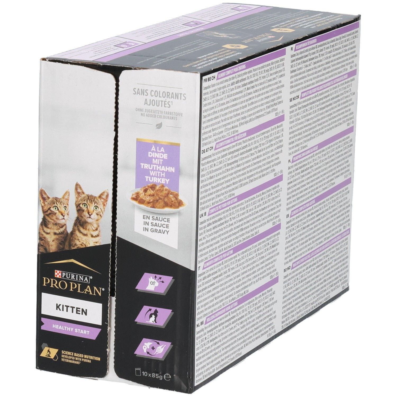 Kartonverpackung mit Katzenfutter. Purina Pro Plan Kitten, Truthahn in Sauce. Zwei Kätzchen. Rückseite mit Text.